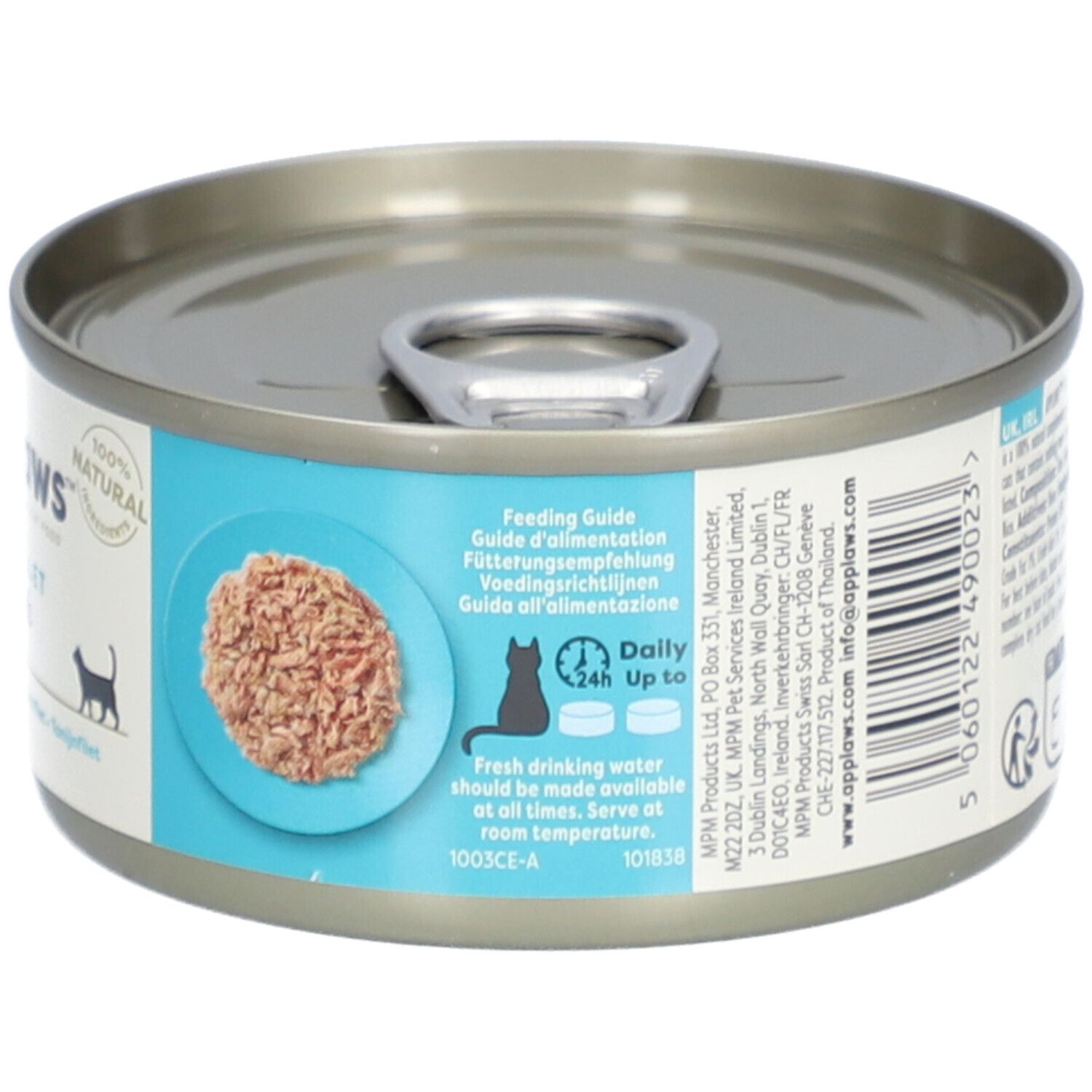 Boîte Applaws™ Filet de thon en bouillon. Dos avec conseils d'alimentation, chat, eau. 70g.