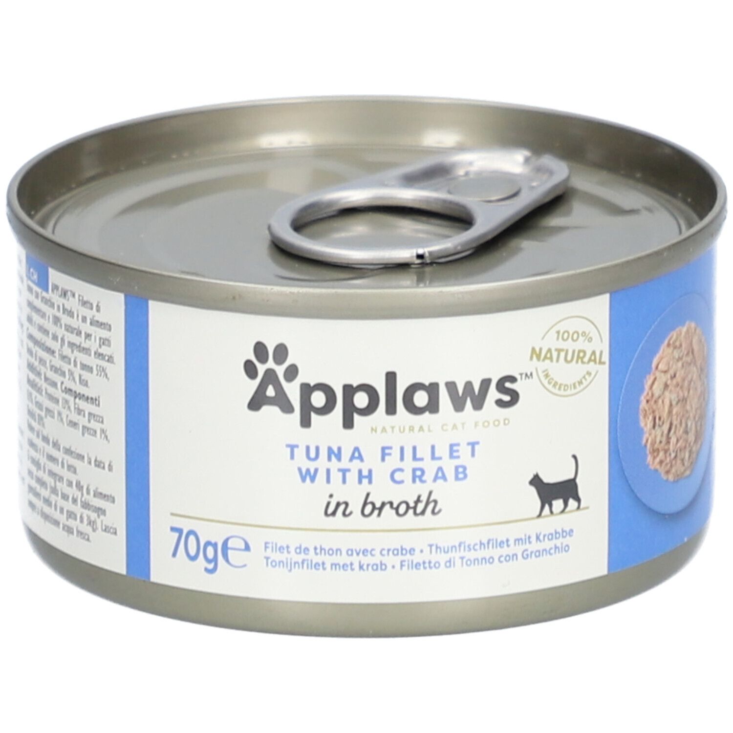 Applaws™ blikje tonijnfilet & krab in bouillon. 70g. Blauwe en witte etiketten. 100% natuurlijke ingrediënten.