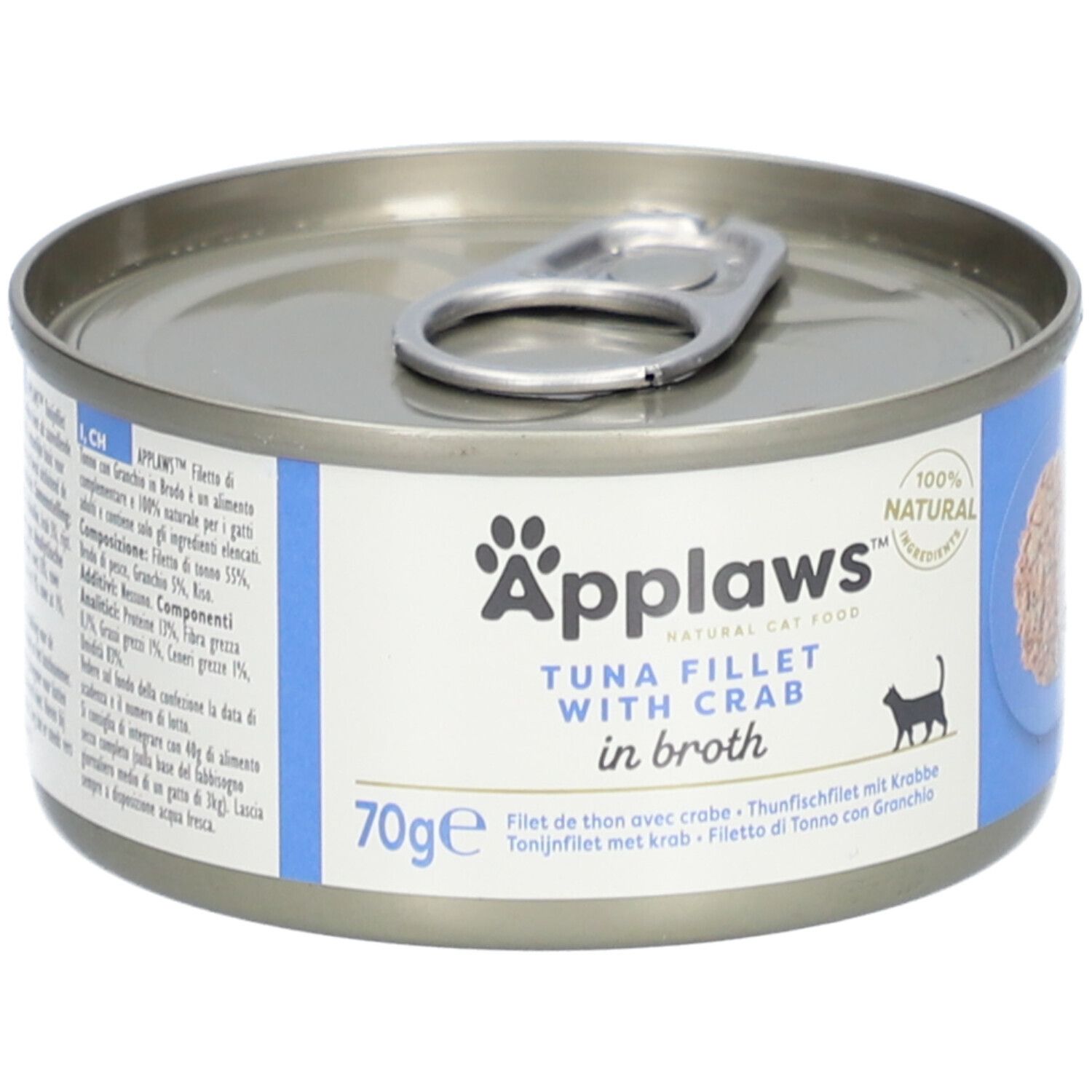 Applaws™ blikje tonijnfilet & krab in bouillon. 70g. Blauwe en witte etiketten. 100% natuurlijke ingrediënten.