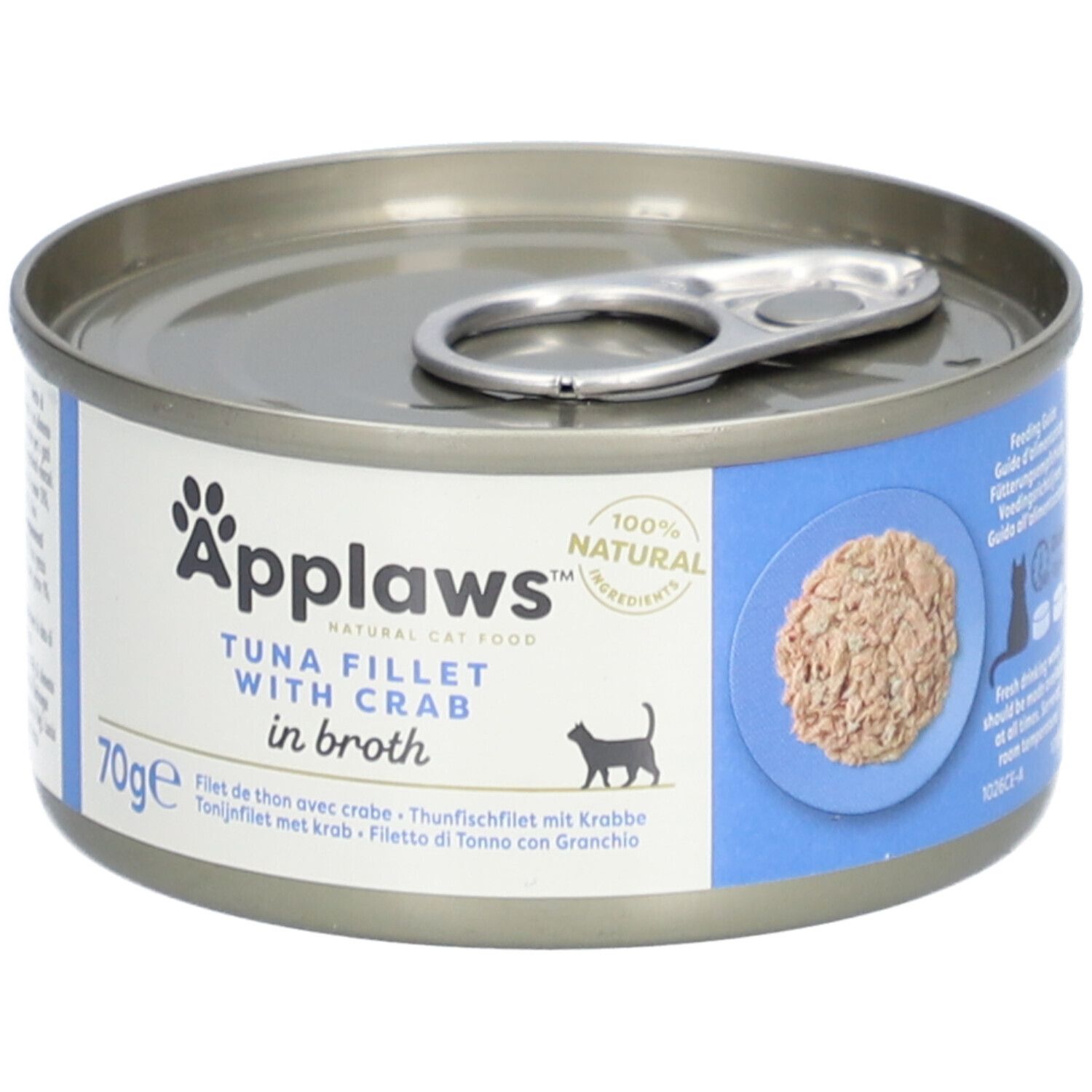 Applaws™ blikje tonijnfilet & krab in bouillon. 70g. Productweergave met inhoud. 100% natuurlijke ingrediënten.