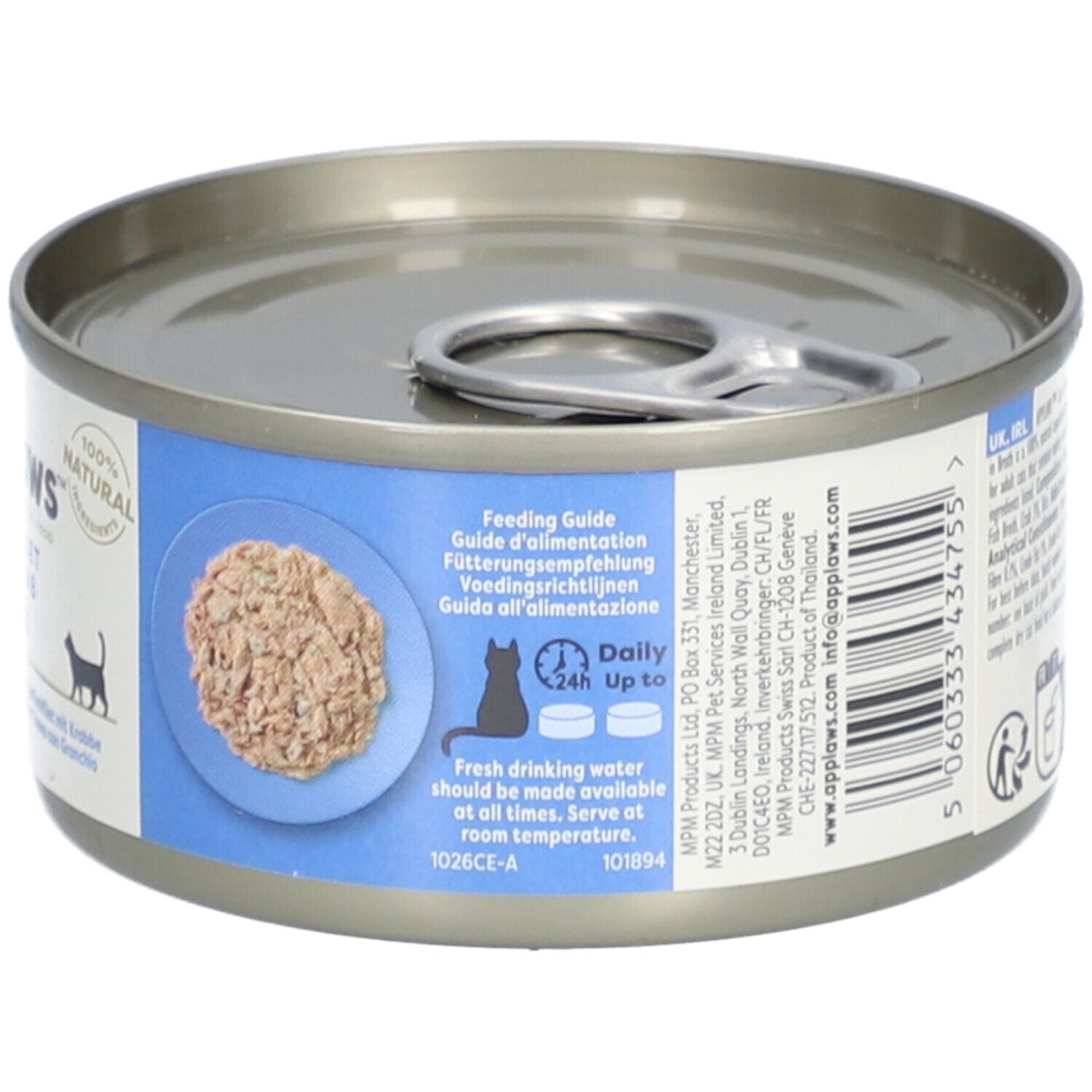 Applaws™ blikje tonijnfilet & krab in bouillon. 70g. Productweergave met inhoud. Voedingsrichtlijnen.