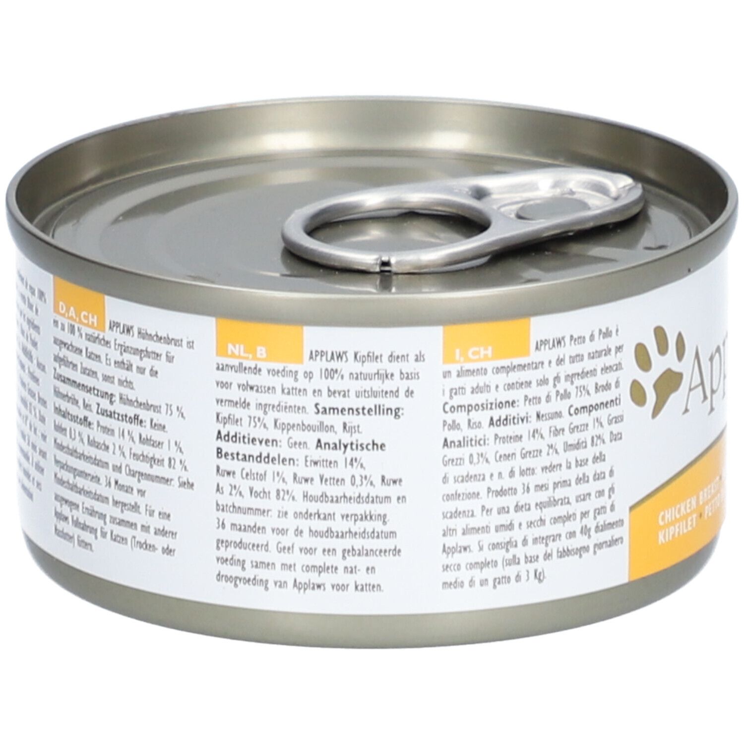 Applaws™ Hühnerbrust in bouillon, kattenvoer in blik. Detailweergave van de ingrediëntenlijst en voedingswaarde.