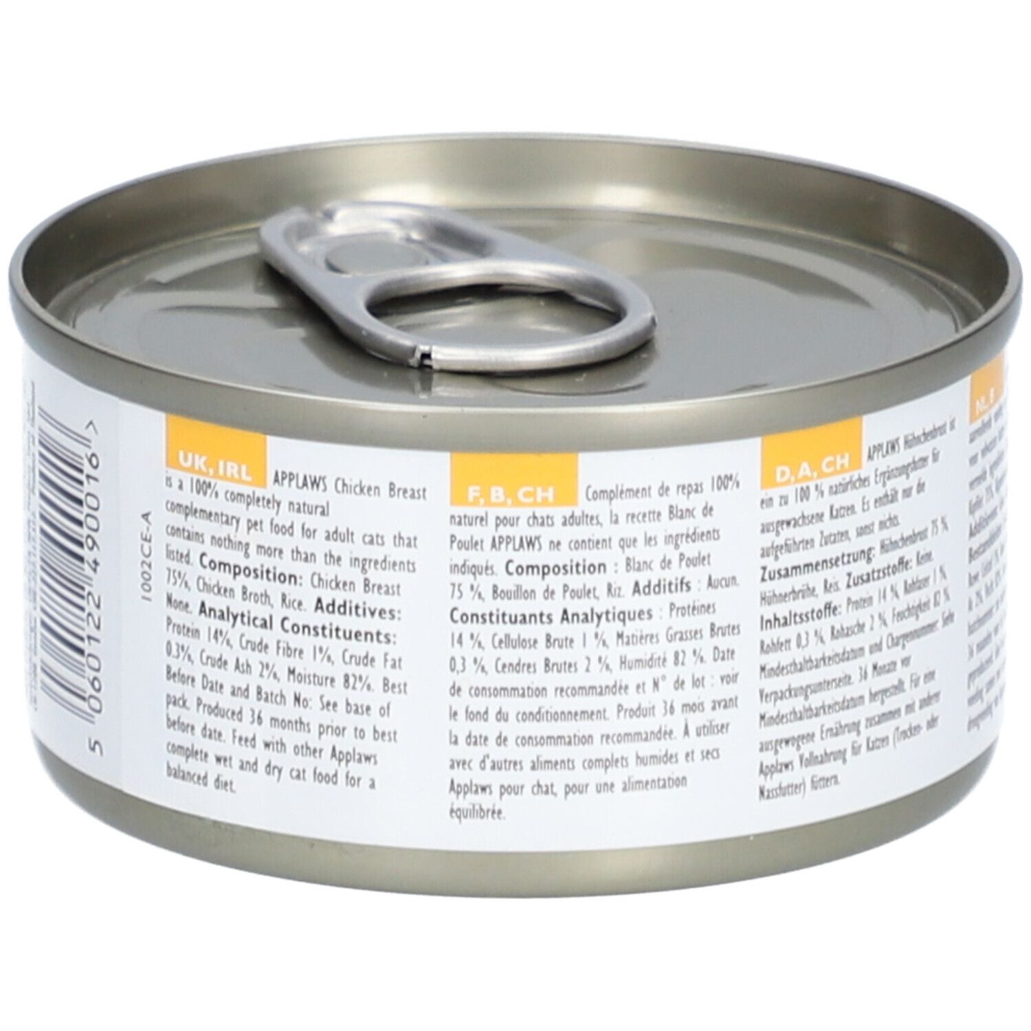 Applaws™ Hühnerbrust in bouillon, kattenvoer in blik. Detailweergave van de ingrediëntenlijst en voedingswaarde.