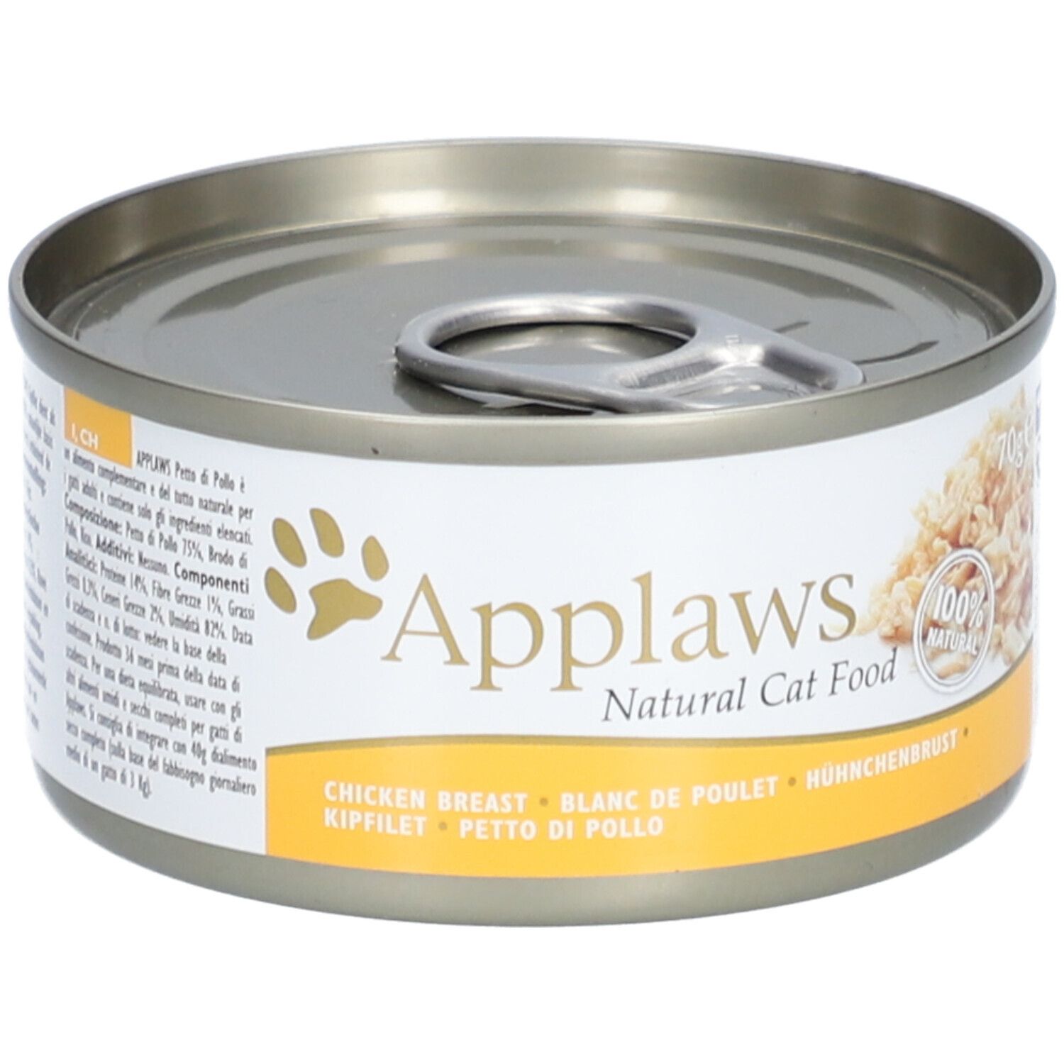 Applaws™ Hühnerbrust in bouillon, kattenvoer in blik. Opschrift: 100% Natural, Chicken Breast, Hühnerbrust.