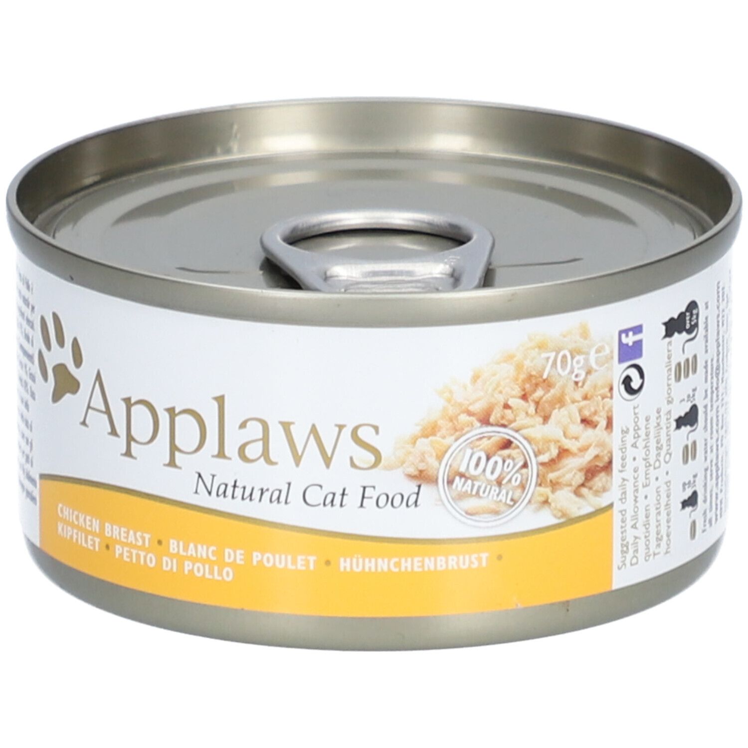 Applaws™ Hühnerbrust in bouillon, kattenvoer in blik. Opschrift: 100% Natural, Chicken Breast, Hühnerbrust.