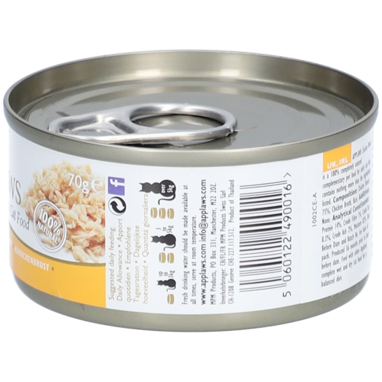 Applaws™ Hühnerbrust in bouillon, kattenvoer in blik. Opschrift: 100% Natural, Chicken Breast, Hühnerbrust.