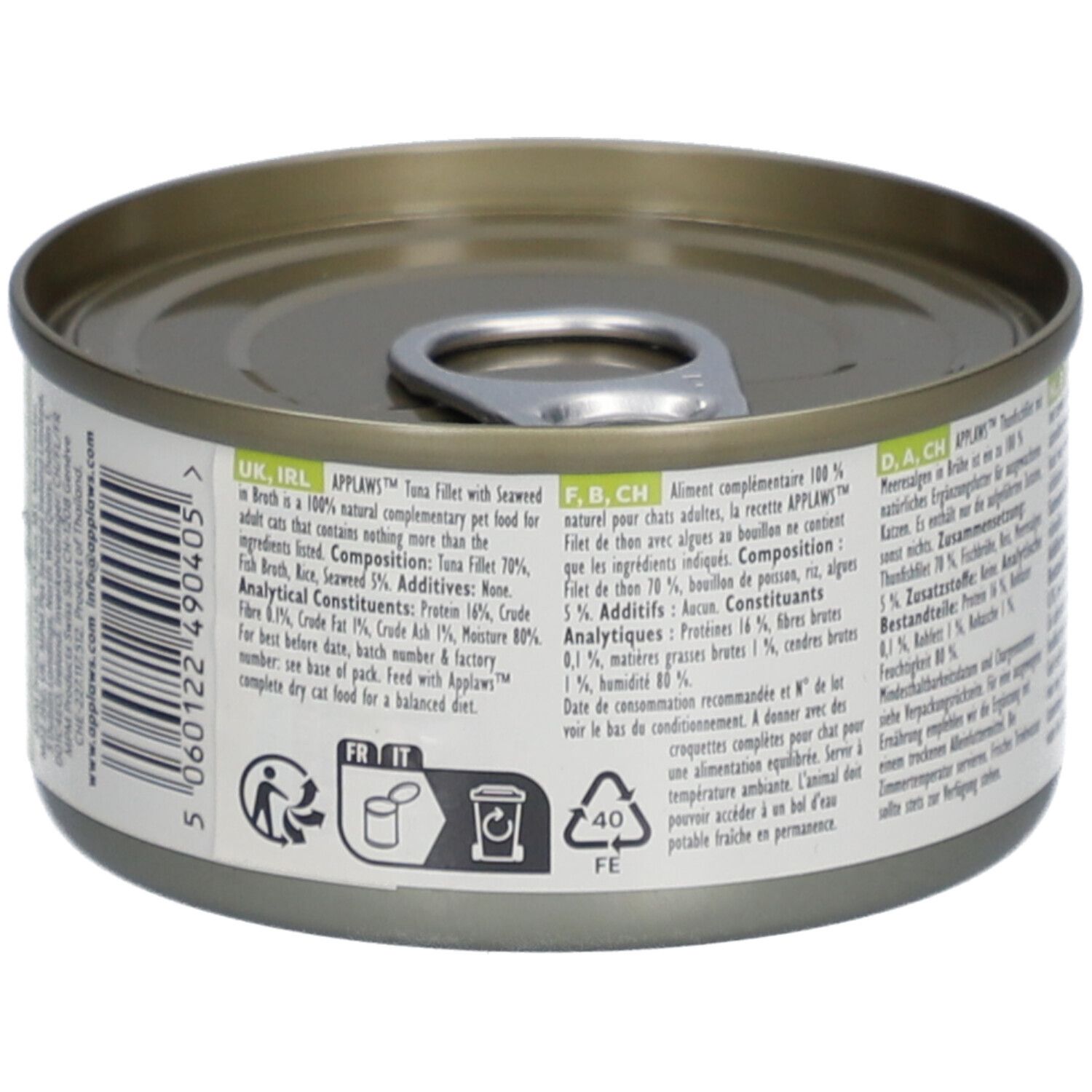 Blik van Applaws™ Tunfischfilet & Seetang in Brühe. Tekst in Engels, Frans, Duits. Barcode en recyclingsymbolen.