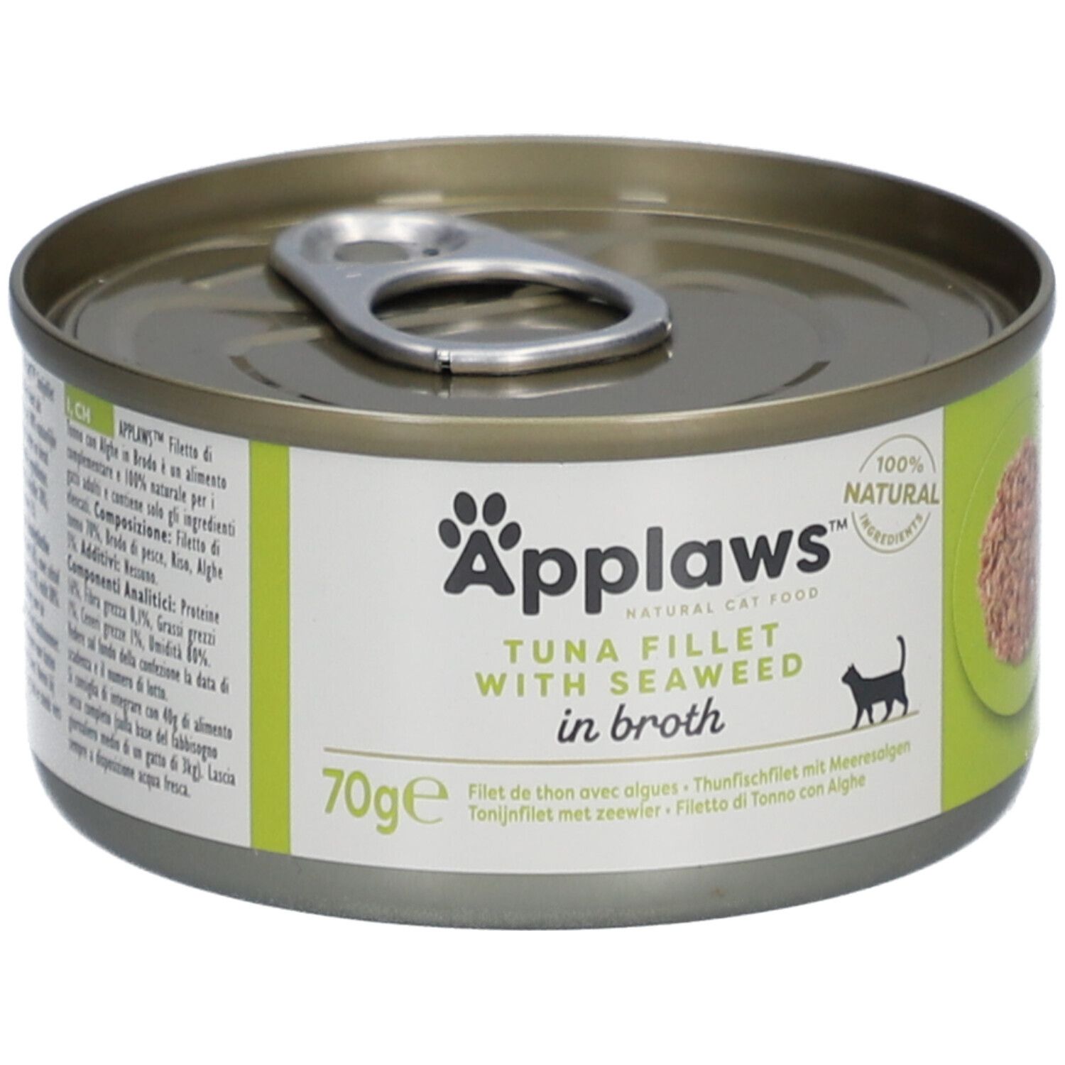 Blik Applaws™ Tunfischfilet & Seetang in Brühe. Etiket met productnaam, kat-silhouet en 70g. 100% natuurlijke ingrediënten.