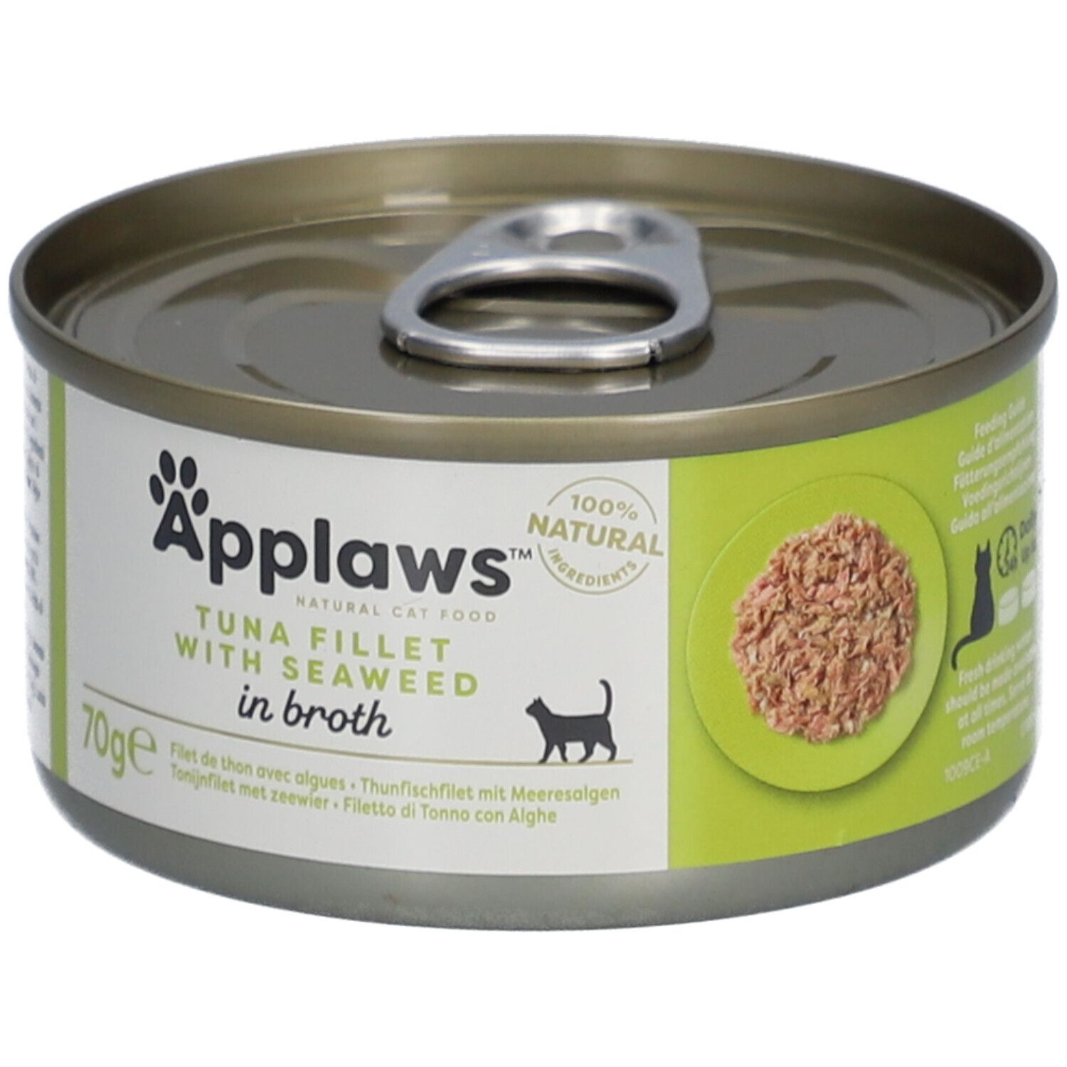 Blik Applaws™ Tunfischfilet & Seetang in Brühe. Geopend blik met voer. Etiket met naam, kat en 70g.