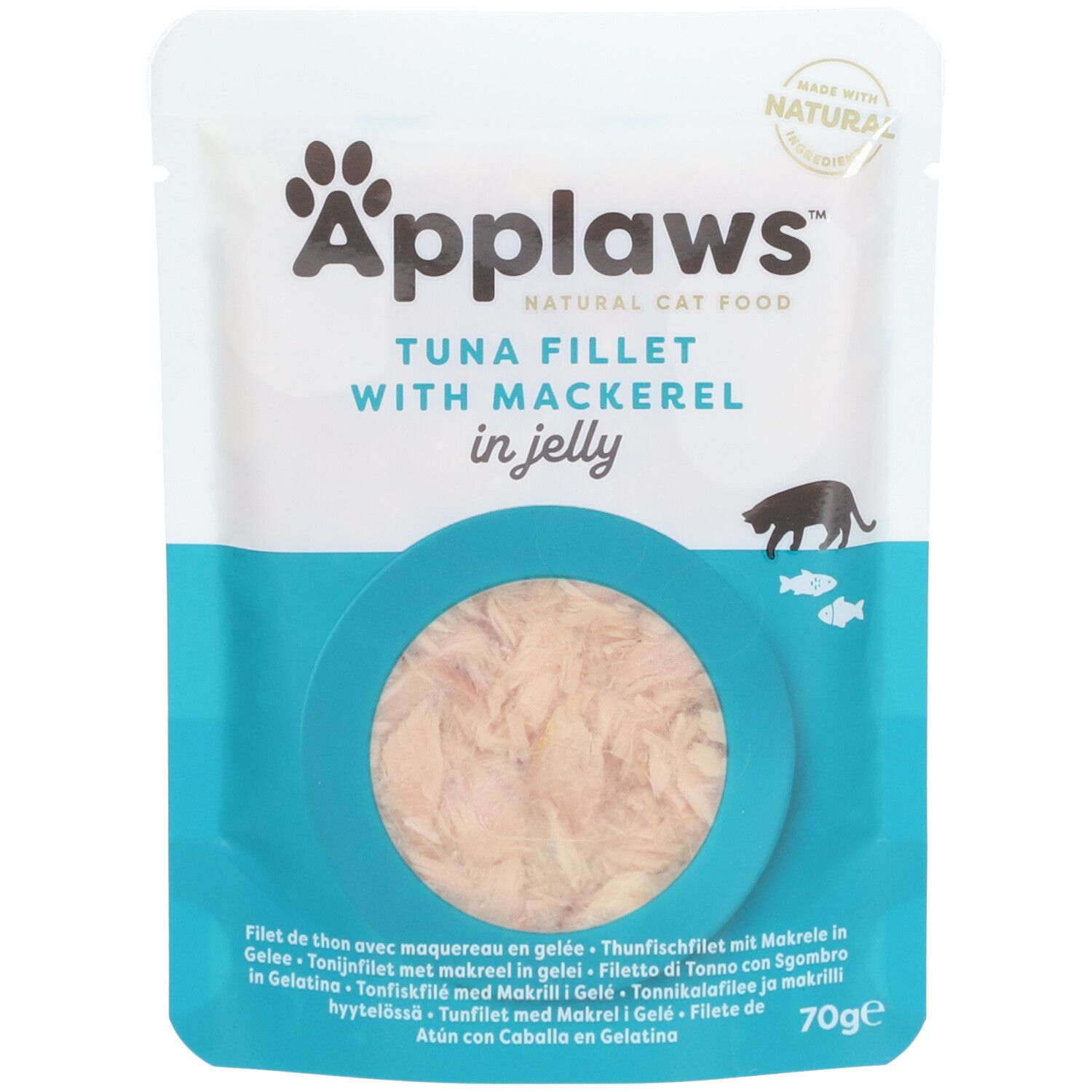 Zakje Applaws tonijn met makreel in gelei. Blauw-witte verpakking met tekst. Product zichtbaar.
