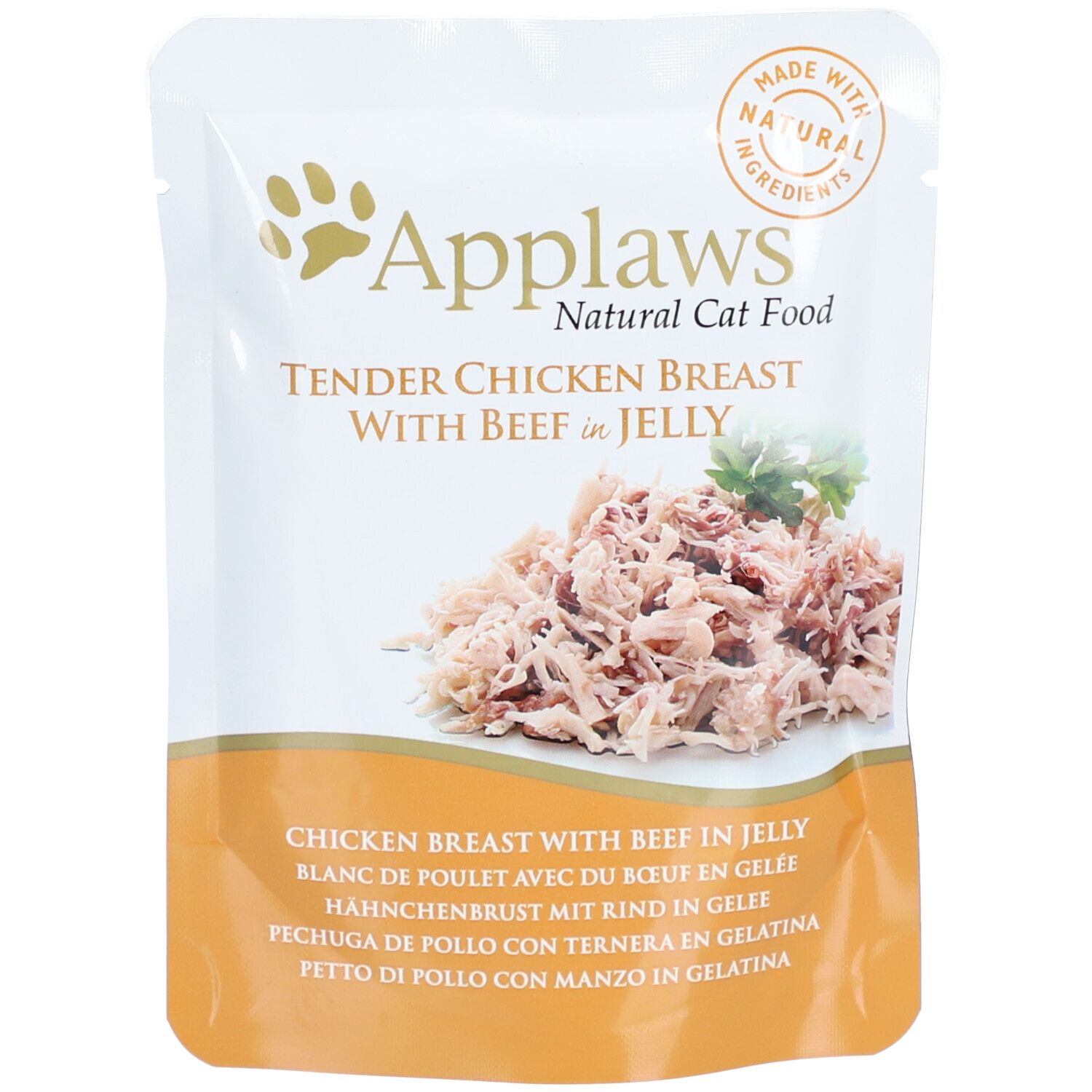 Zakje Applaws™ Kipfilet met rund in gelei. Open verpakking met kip en rund. Logo en tekst.