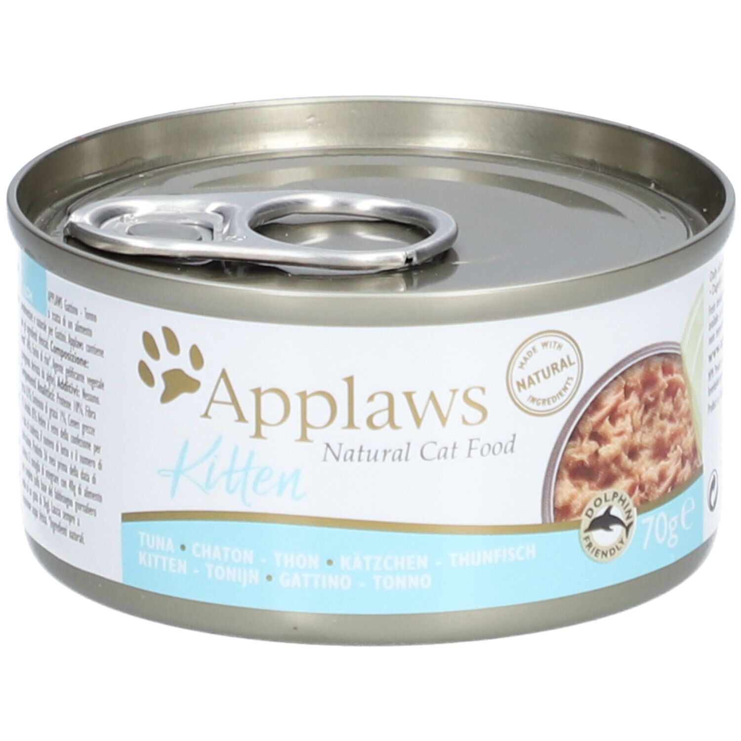 Blik Applaws Kitten tonijnfilet in gelei. Met opschriften en logo. 70g. "Dolphin Friendly" keurmerk.