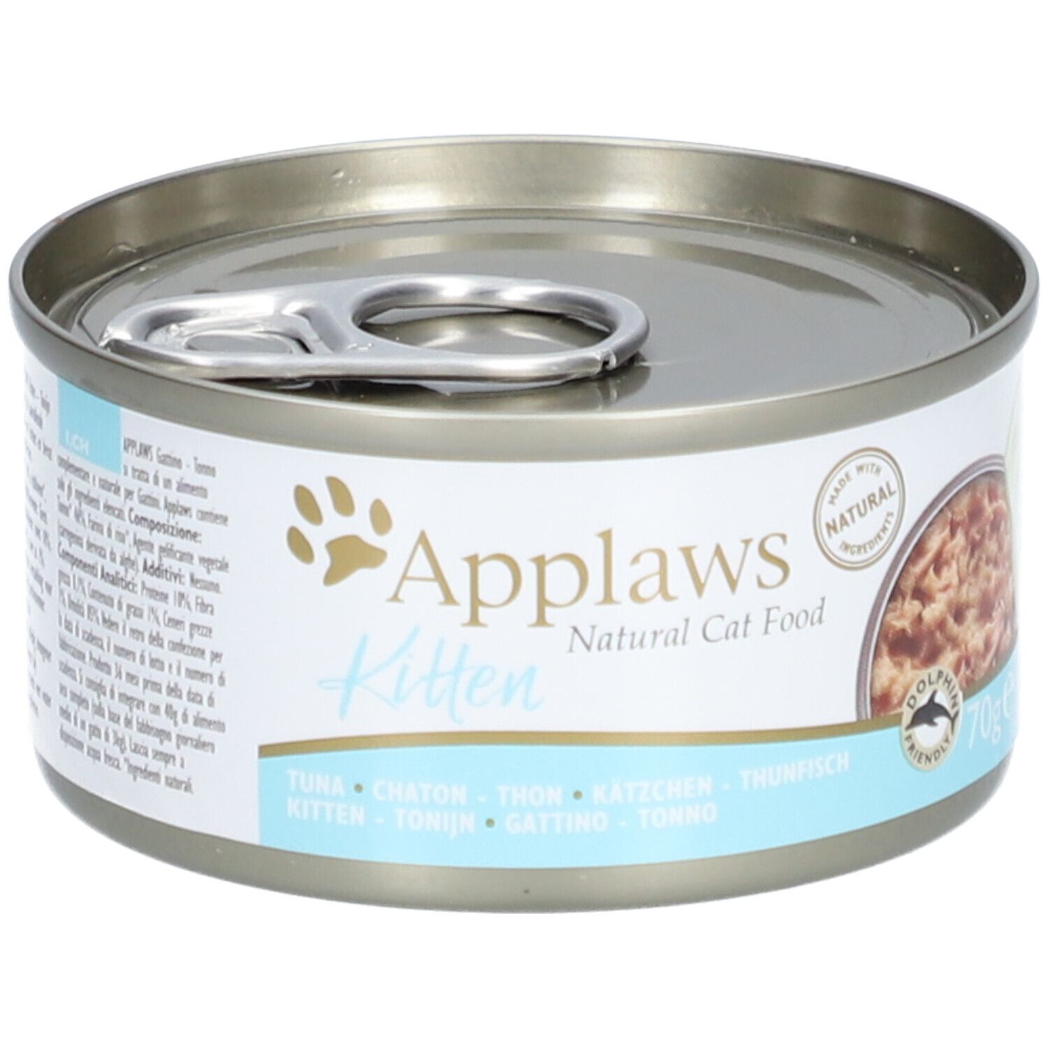 Blik Applaws Kitten tonijnfilet in gelei. Met opschriften en logo. 70g. "Dolphin Friendly" keurmerk.