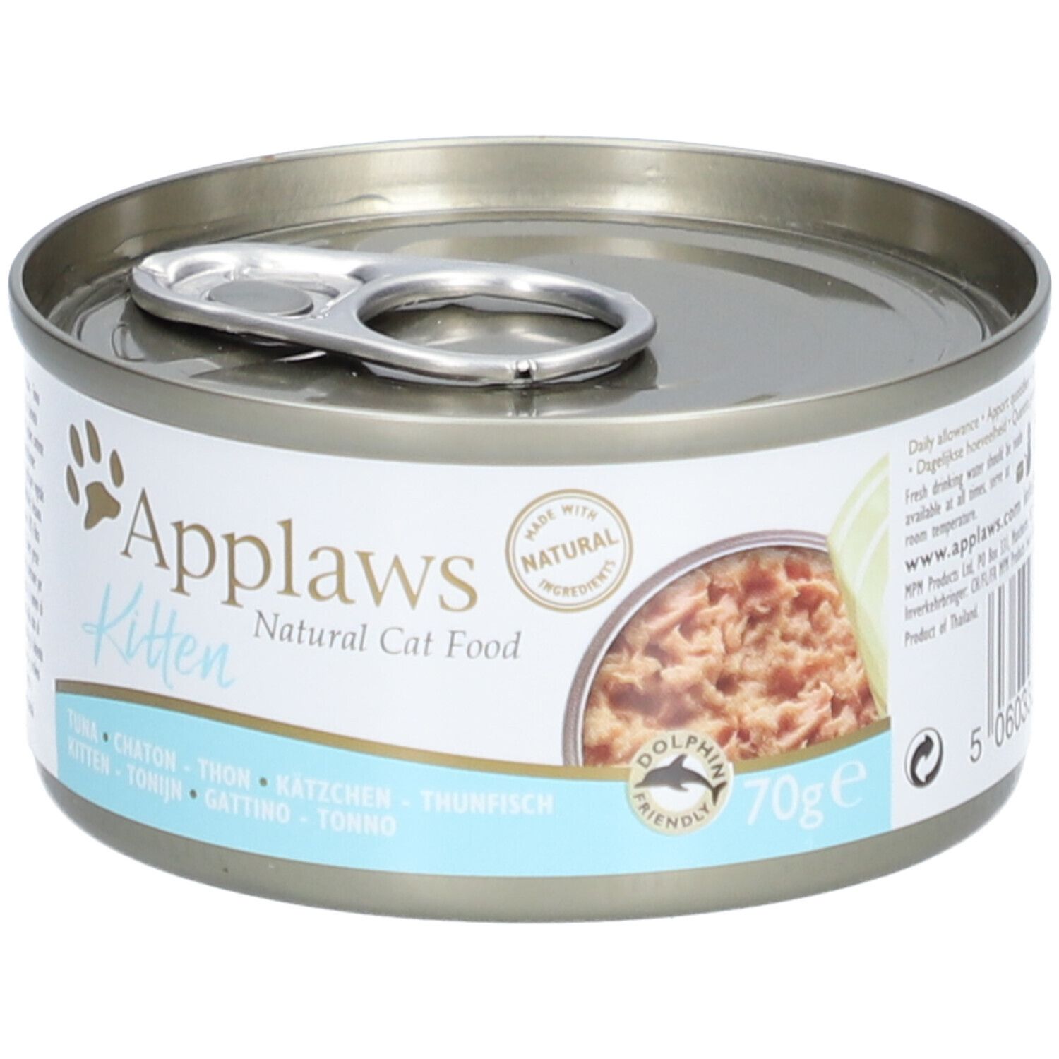 Blik Applaws Kitten tonijnfilet in gelei. Met opschriften en logo. 70g. "Dolphin Friendly" keurmerk.