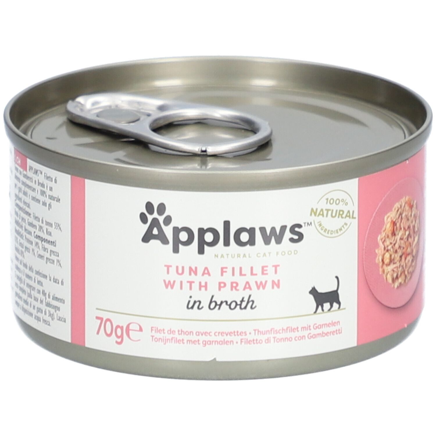 Applaws™-blikje tonijnfilet en garnaal in bouillon. Roze etiket met productnaam, kat-silhouet en 70g-aanduiding.