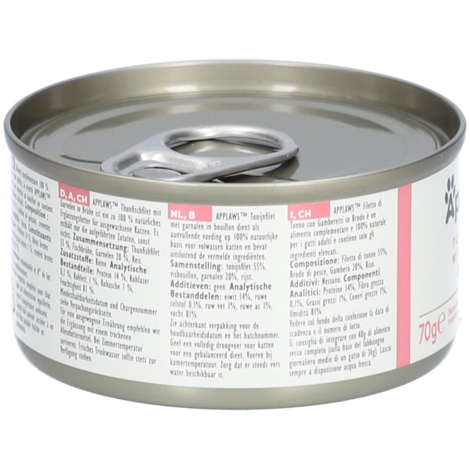 Applaws™-blikje tonijnfilet en garnaal in bouillon. Detail van ingrediënten en voedingswaarde-informatie op het etiket.