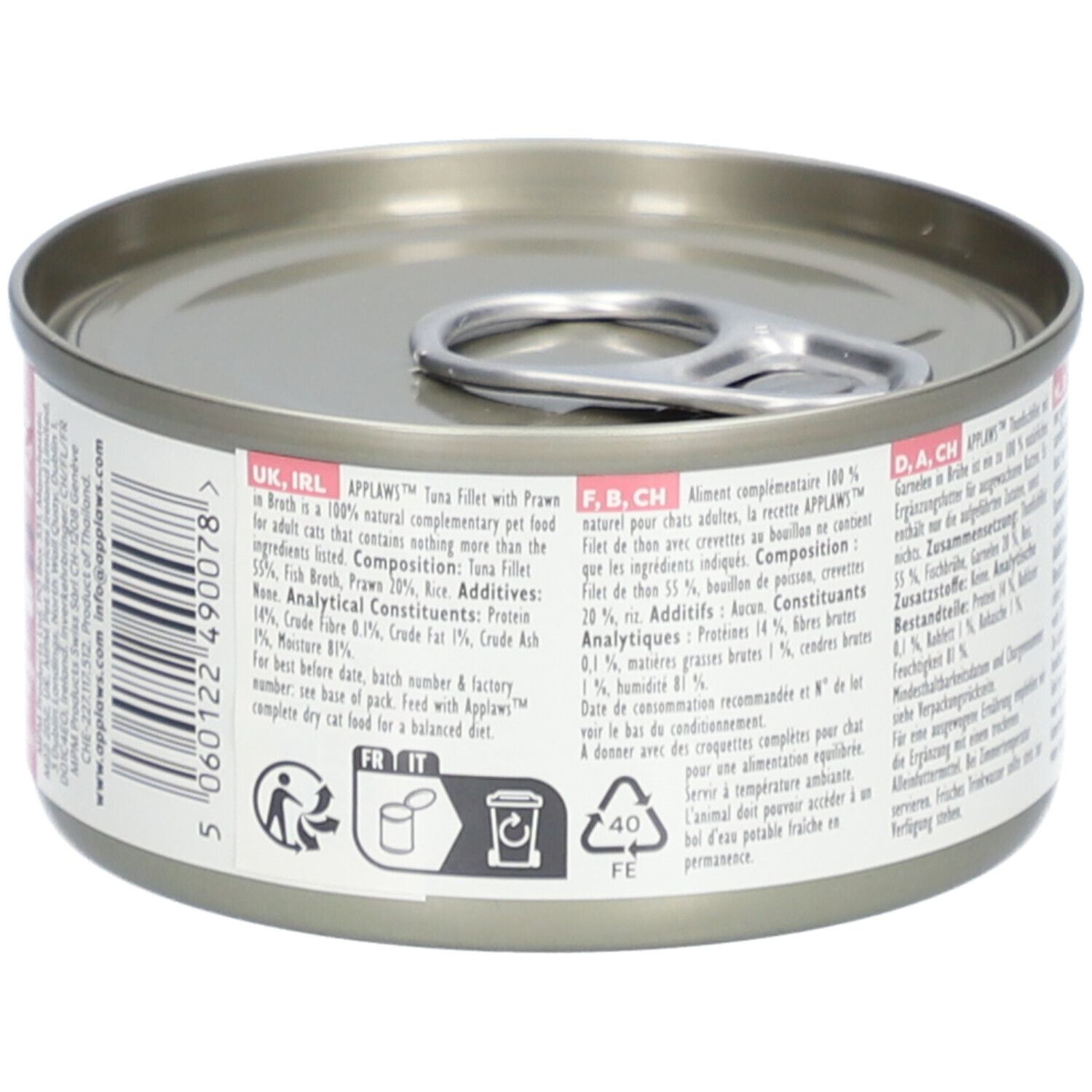 Applaws™-blikje tonijnfilet en garnaal in bouillon. Achterkant met informatie over ingrediënten en voedingsaanbevelingen.
