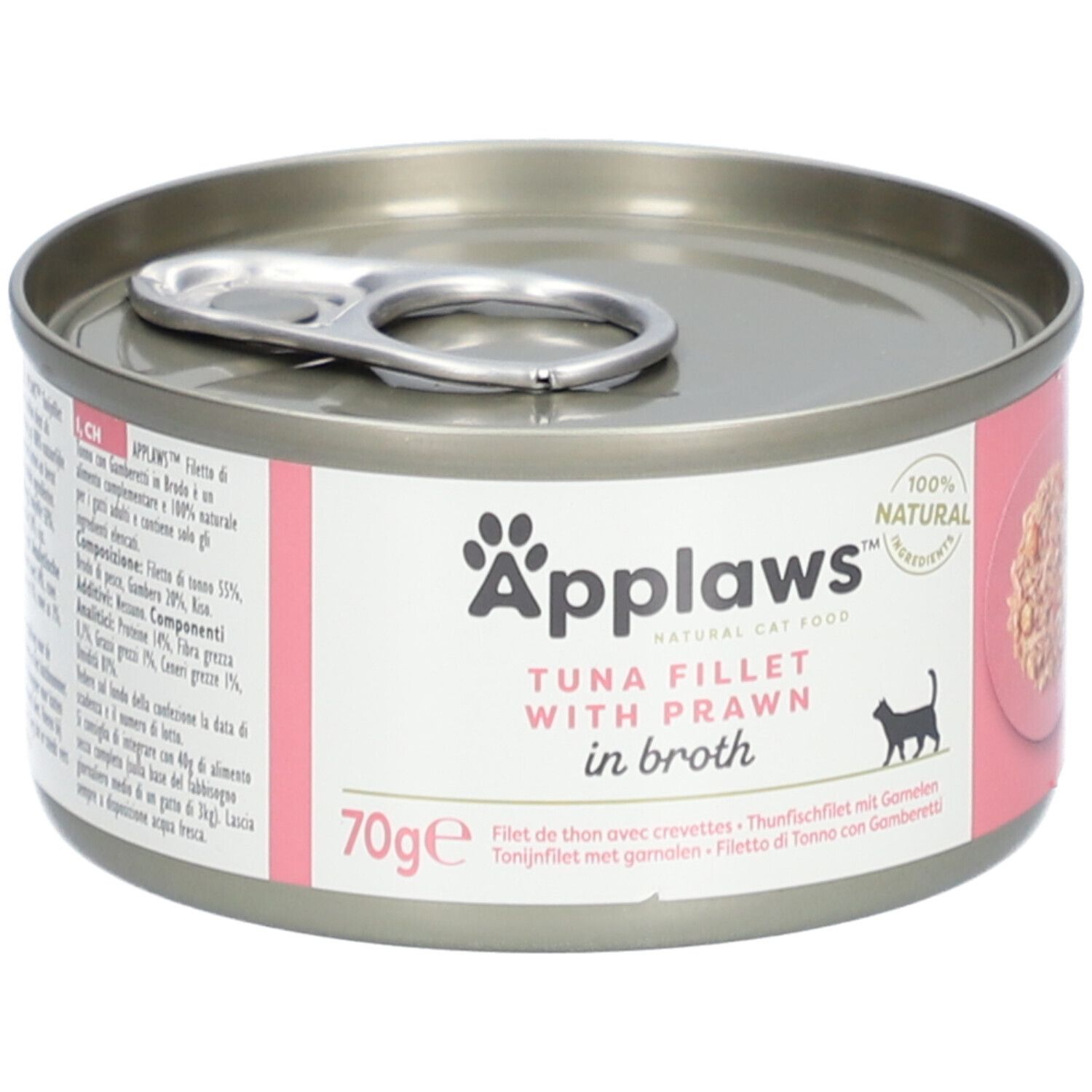 Applaws™-blikje tonijnfilet en garnaal in bouillon. Roze etiket met productnaam, kat-silhouet en 70g-aanduiding.