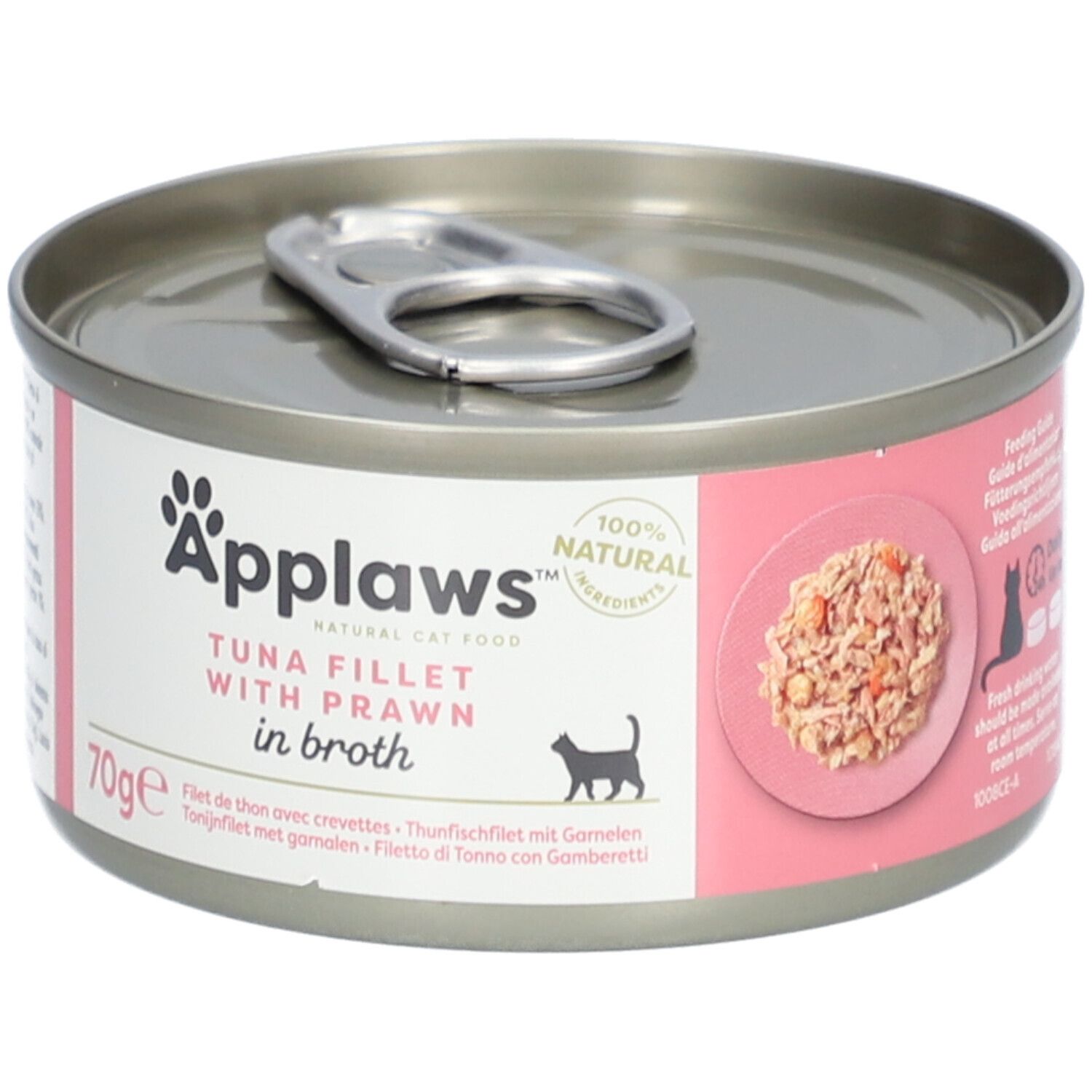 Applaws™-blikje tonijnfilet en garnaal in bouillon. Roze etiket met productafbeelding, kat-silhouet en 70g-aanduiding.