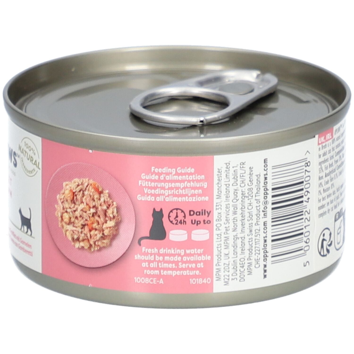 Applaws™-blikje tonijnfilet en garnaal in bouillon. Roze etiket met productafbeelding, voedingsrichtlijnen en kat-silhouet.