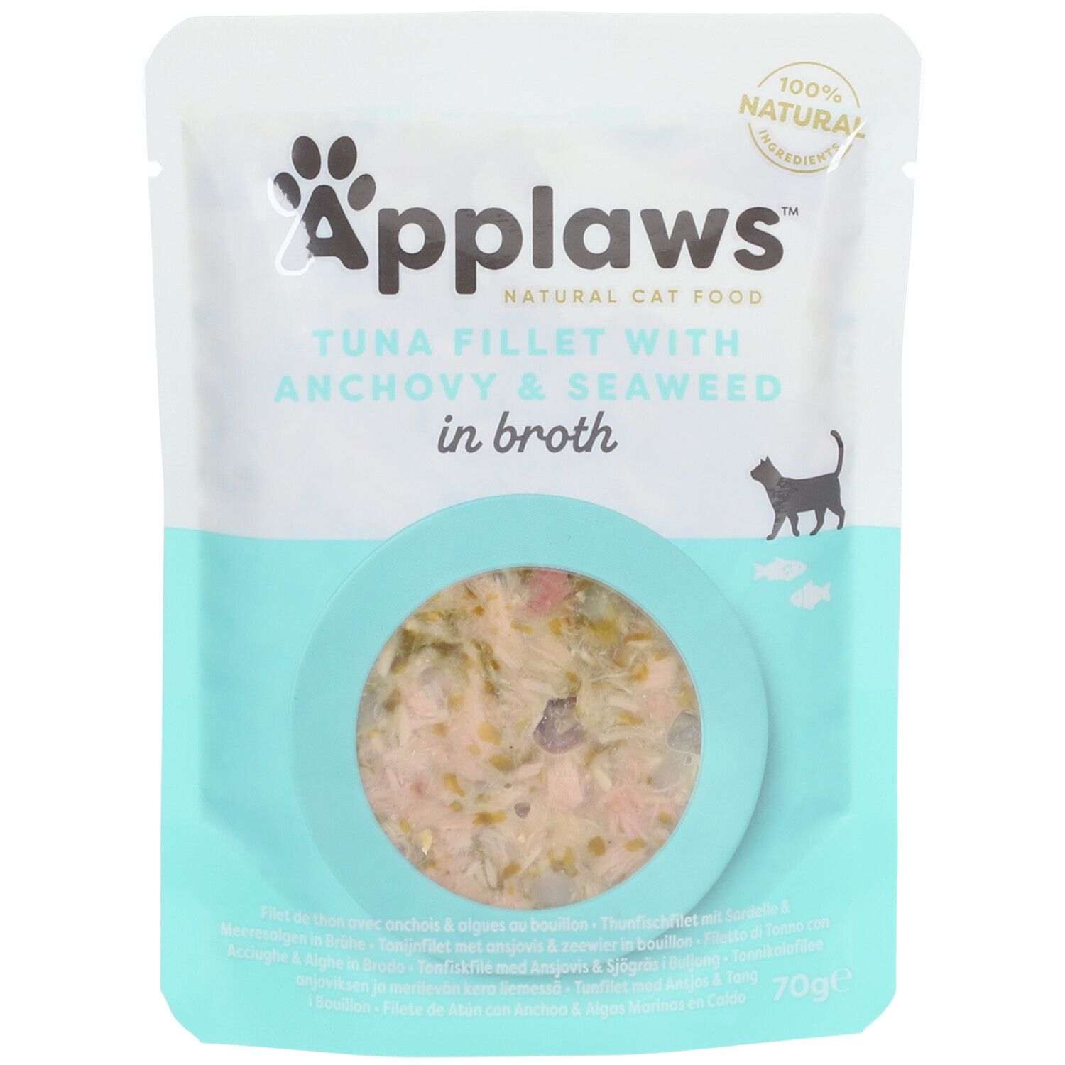 Applaws™ zakje tonijn met ansjovis en zeewier in bouillon. Voorkant. Product met logo, tekst en inhoud zichtbaar.