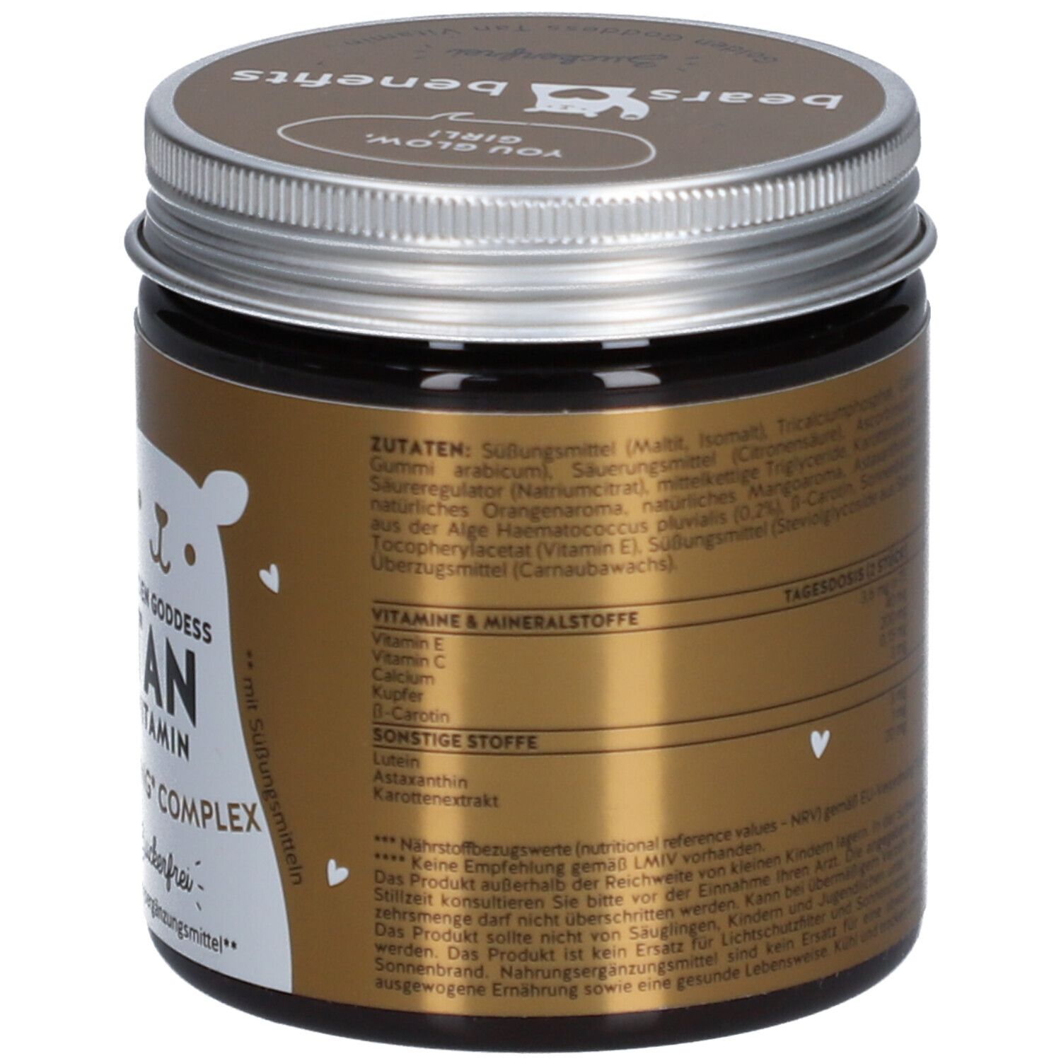 Pot brun avec couvercle argenté. Inscription : Golden Goddess Tan Vitamin, Tanning Complex. Ingrédients et informations nutritionnelles.