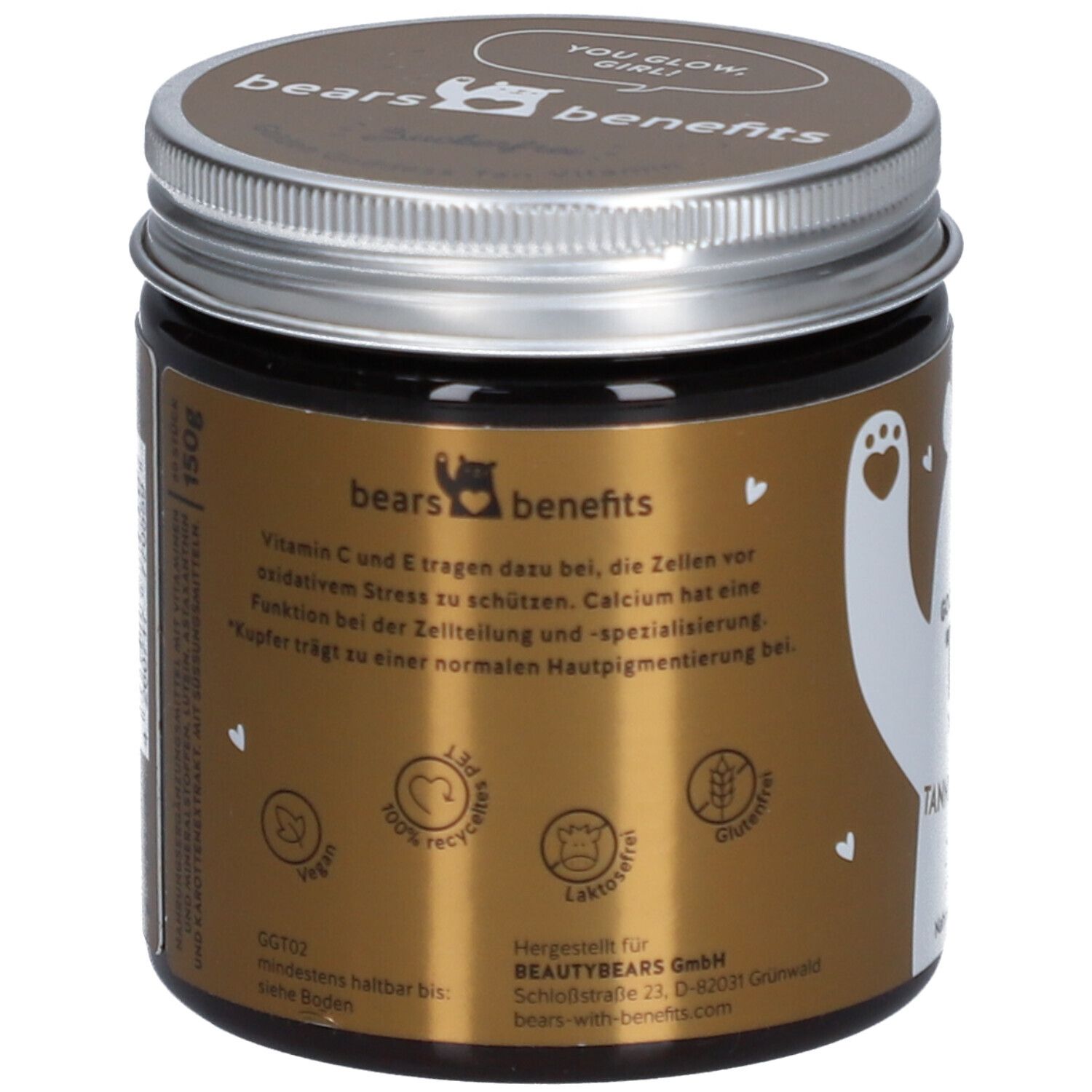 Pot brun avec couvercle argenté. Inscription : bears with benefits. Dos avec ingrédients et logos : vegan, recyclé, sans lactose, sans gluten.