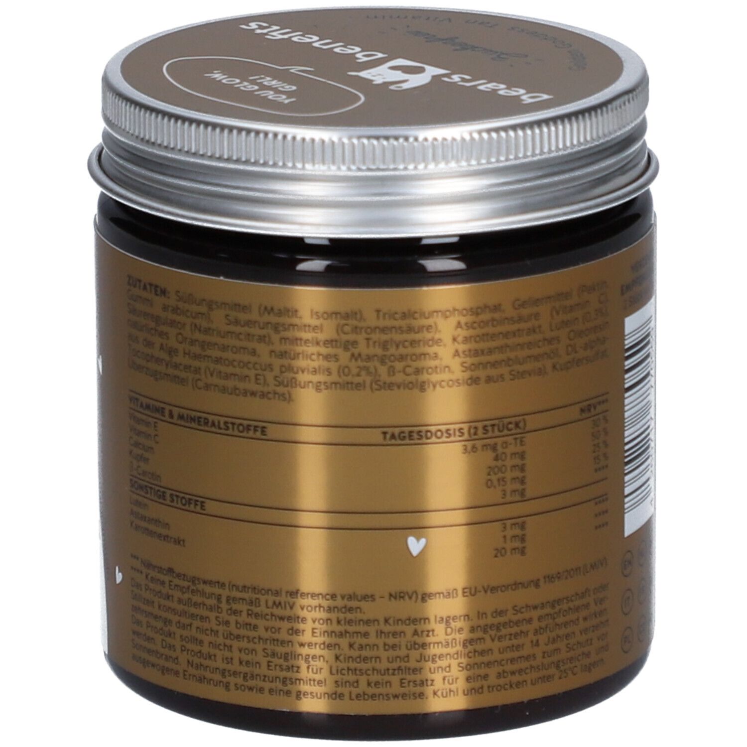 Pot brun avec couvercle argenté. Inscription : Golden Goddess Tan Vitamin, Tanning Complex. Ingrédients et informations nutritionnelles.