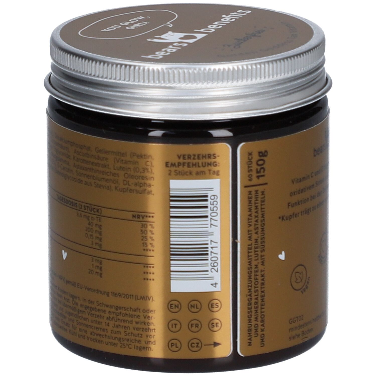 Pot brun avec couvercle argenté. Inscription : bears with benefits. Ingrédients, informations nutritionnelles, recommandation de consommation. Code-barres et 150g.