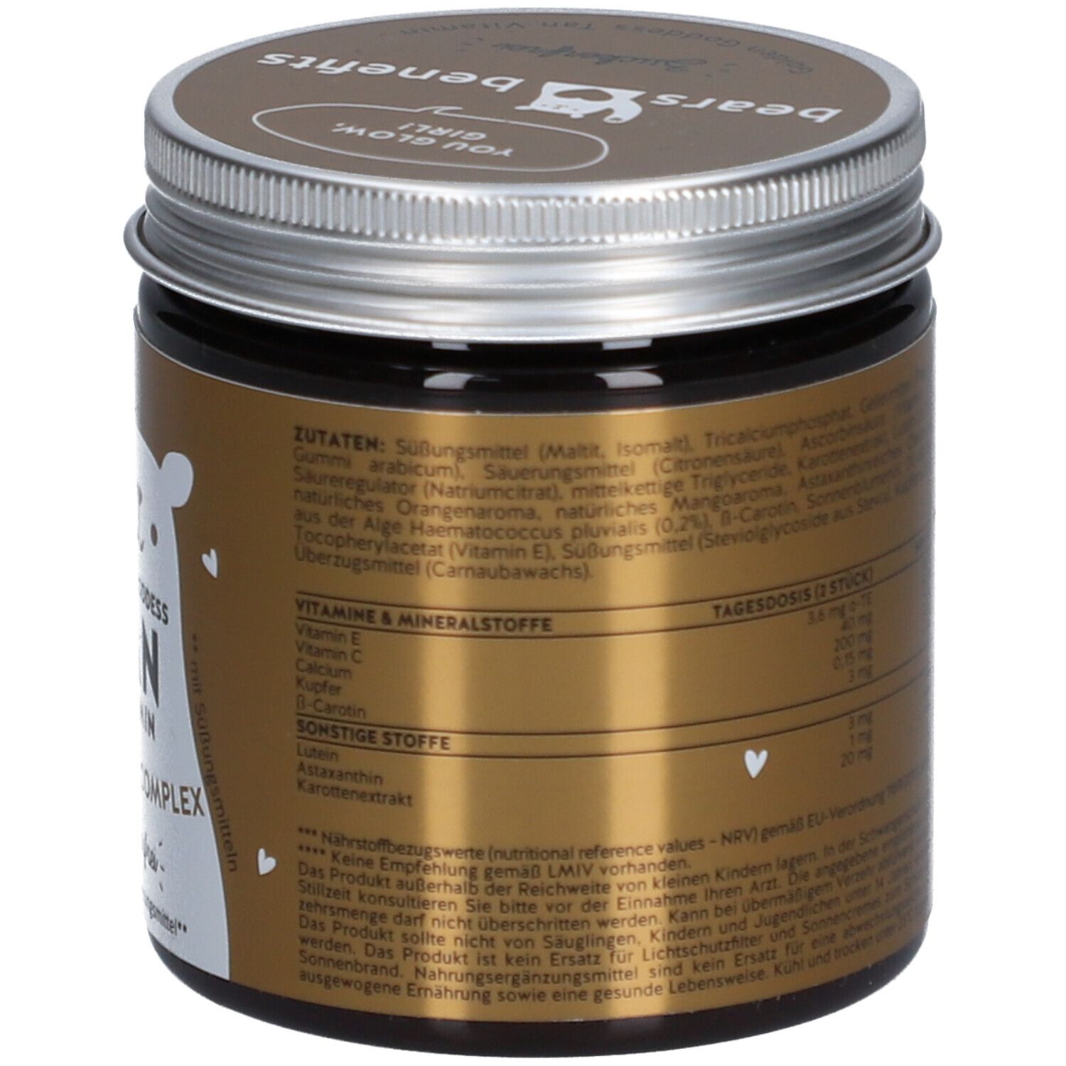 Pot brun avec couvercle argenté. Inscription : Golden Goddess Tan Vitamin, Tanning Complex. Ingrédients et informations nutritionnelles.