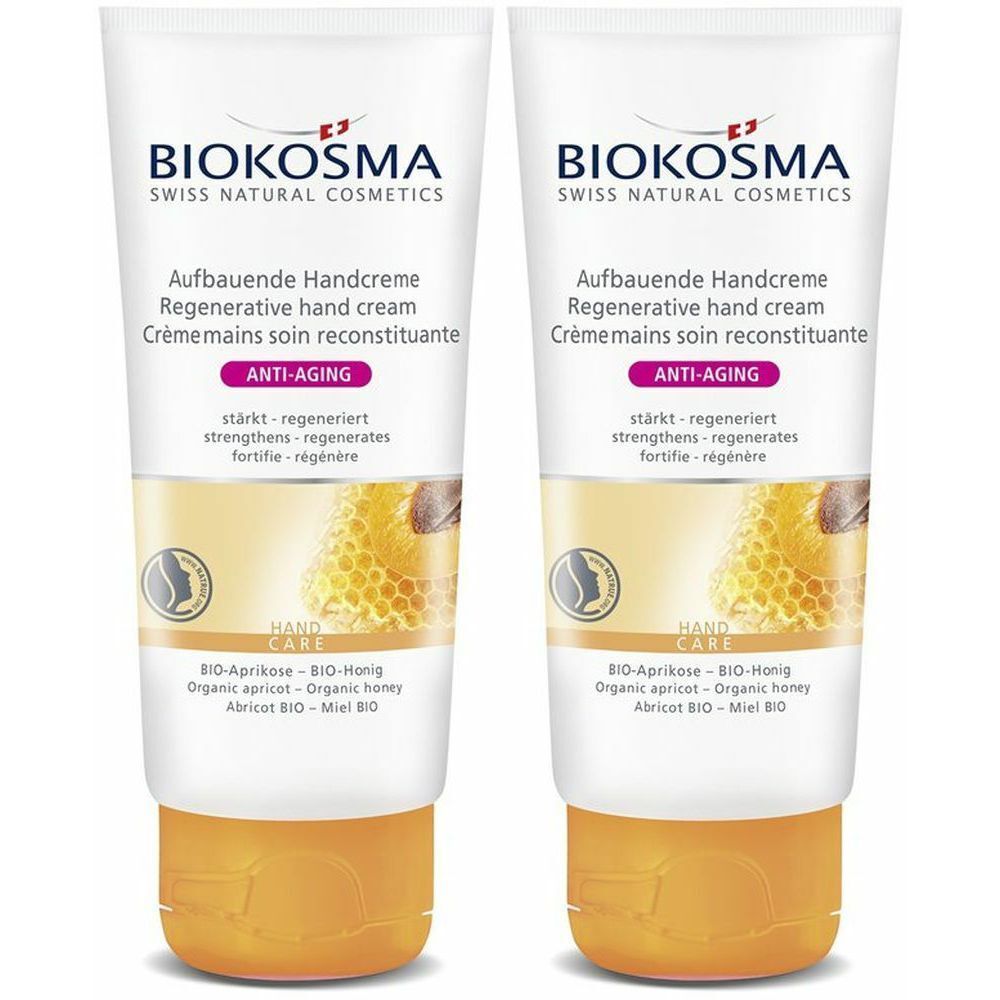 Deux tubes de crème pour les mains. Blanc, avec bouchon jaune. Inscription: BIOKOSMA, Crème mains, Anti-Âge.