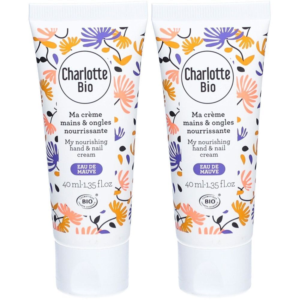 Twee tubes handcrème. Opschrift: Charlotte Bio, Ma crème mains & ongles nourrissante, 40 ml. Bloemenpatroon en bio-label.