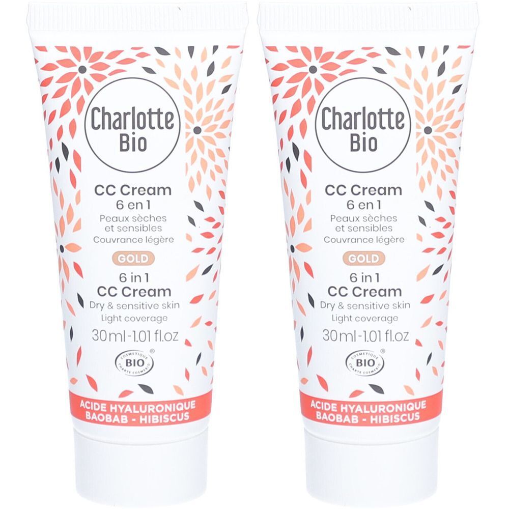 Deux tubes de CC Cream. Inscription: Charlotte Bio, 6 en 1, Gold, pour peaux sèches et sensibles. Avec label Bio.