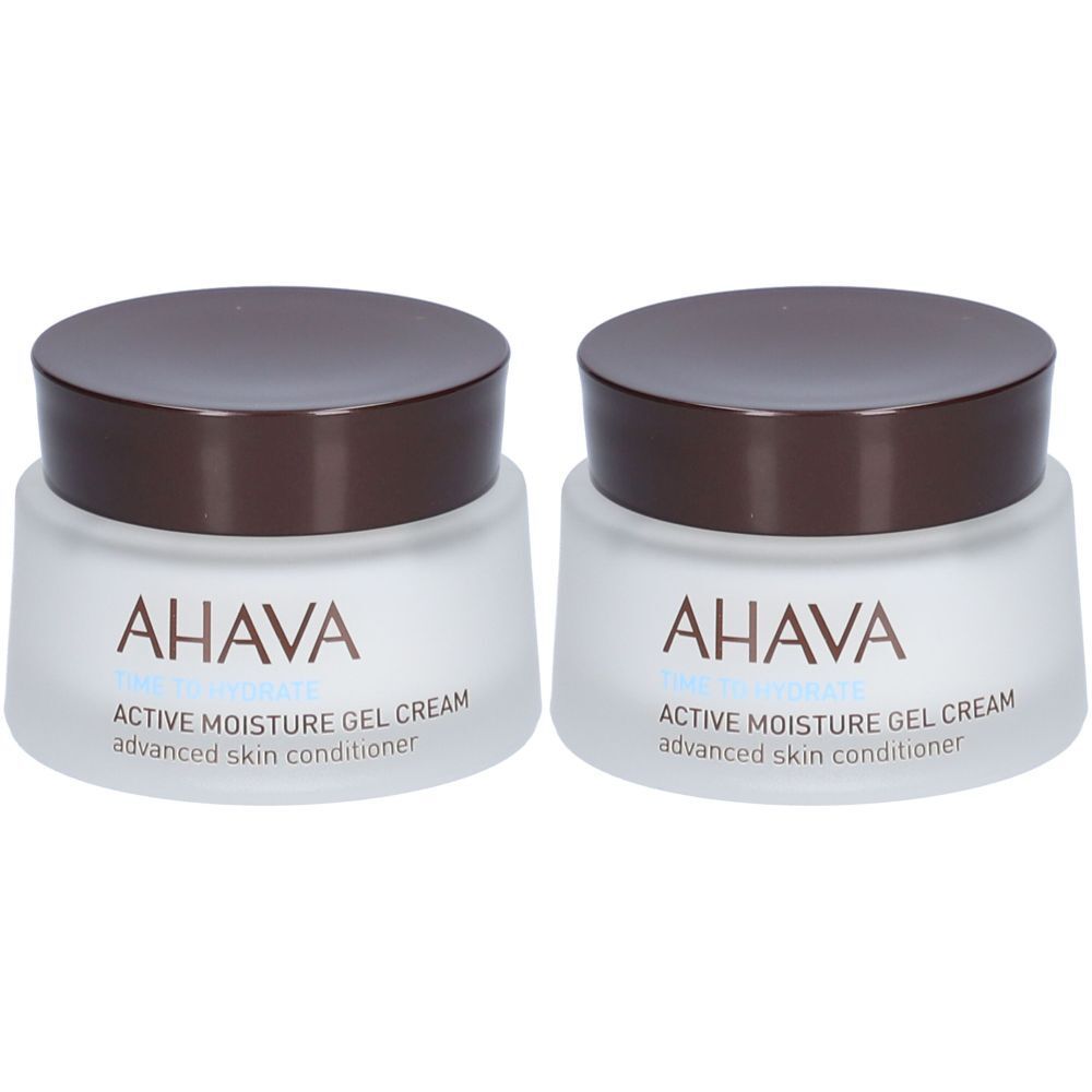 Twee potten AHAVA Active Moisture Gel Cream. Bruine deksels, wit glas. Opschrift op het glas.