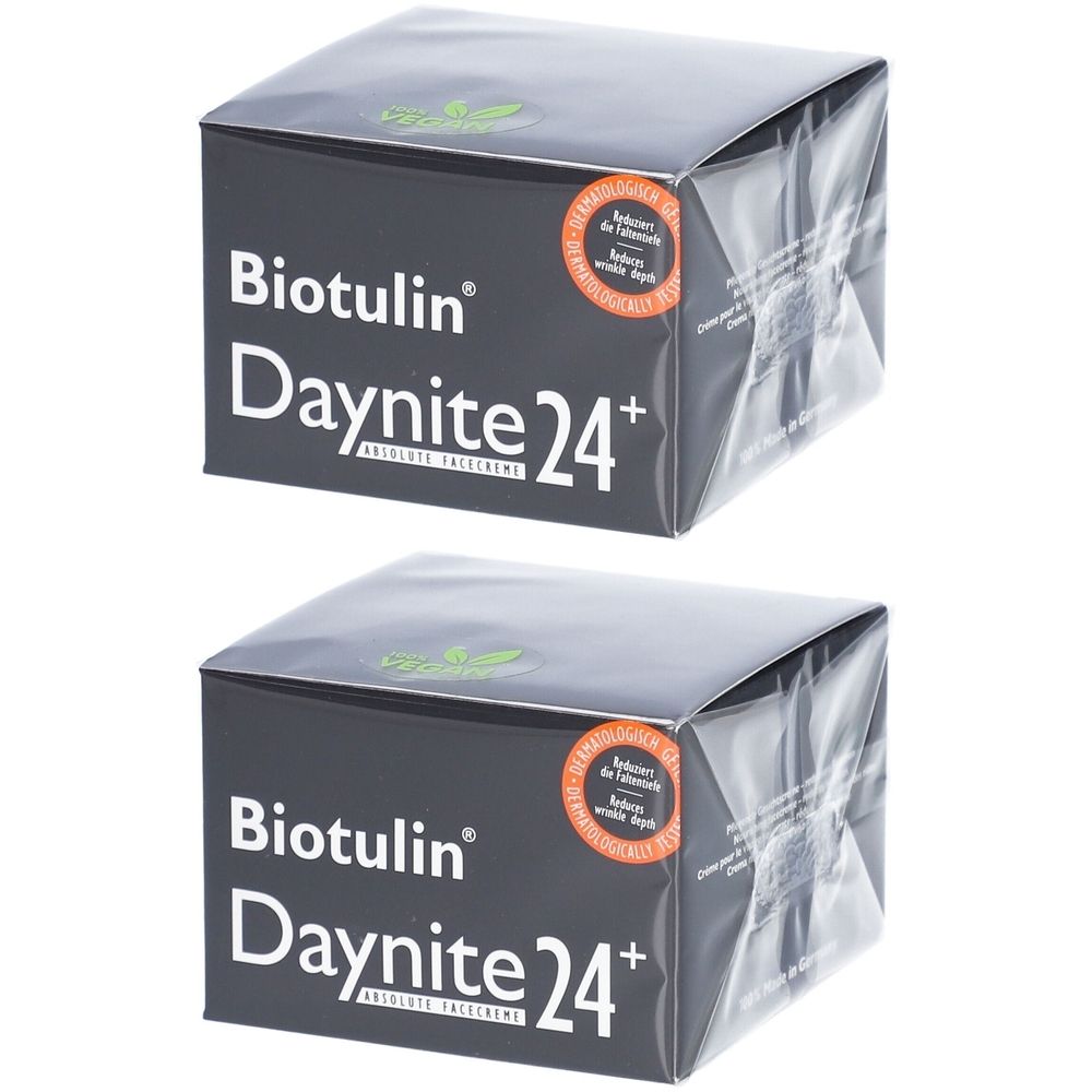 Twee Biotulin Daynite 24+ verpakkingen. Zwarte dozen met witte tekst en logo. Zegel.