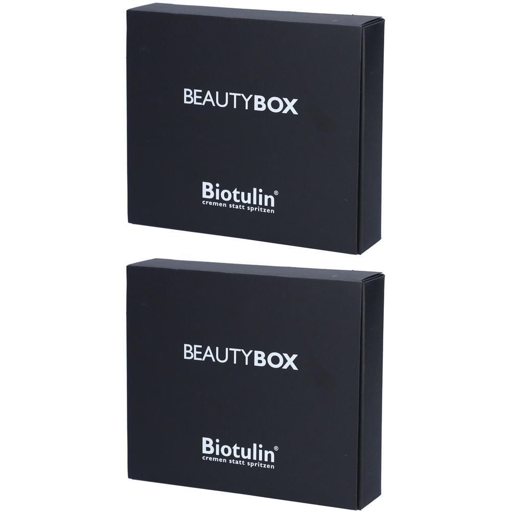 Twee zwarte BEAUTYBOX dozen met witte tekst. Onder BIOTULIN staat "cremen statt spritzen".