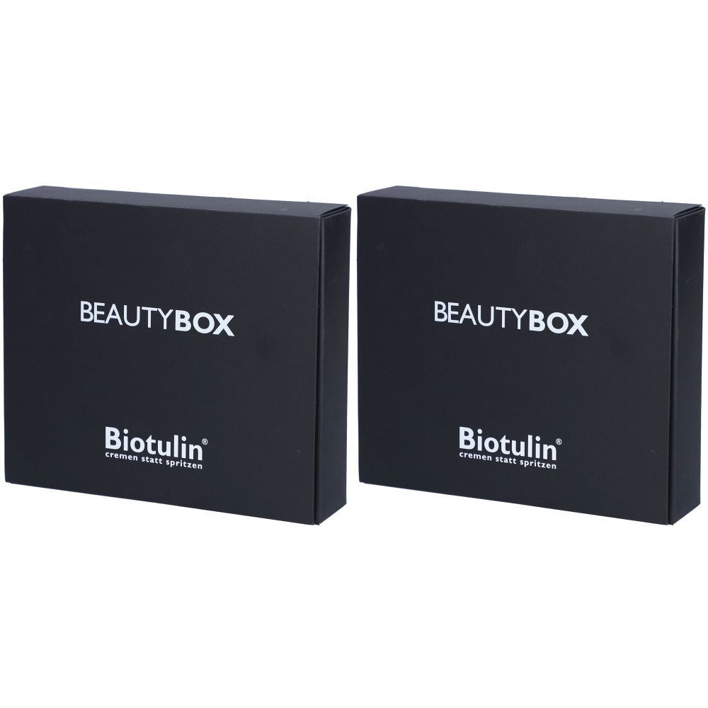 Deux boîtes noires BEAUTYBOX avec texte blanc. BIOTULIN est écrit en dessous, avec "cremen statt spritzen".