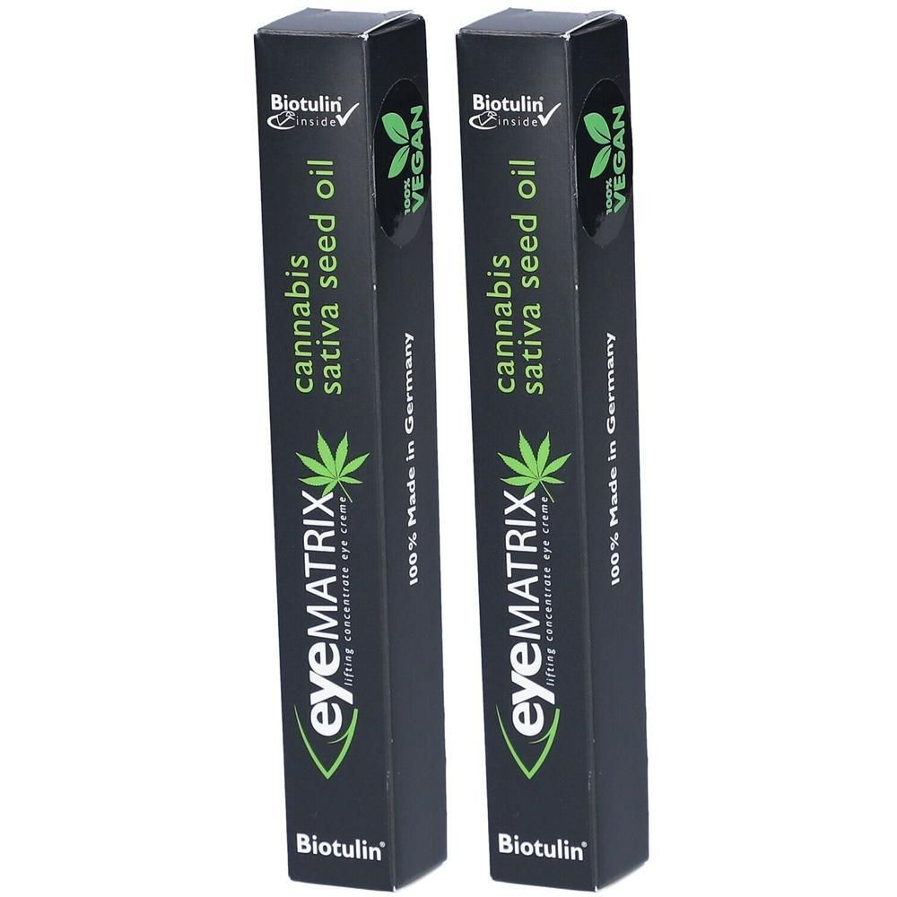 Deux boîtes noires avec texte vert. Inscription: eyeMATRIX, cannabis sativa seed oil, Biotulin. Label vegan.