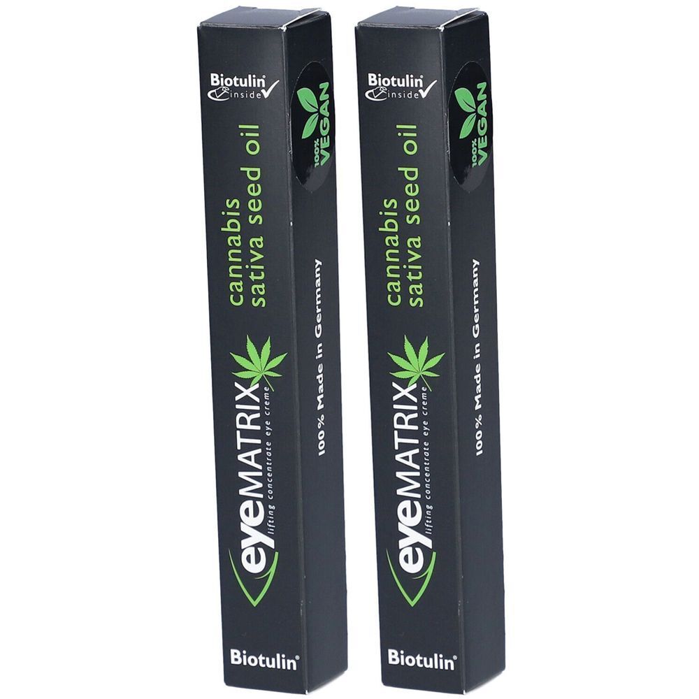 Deux boîtes noires avec texte vert. Inscription: eyeMATRIX, cannabis sativa seed oil, Biotulin. Label vegan.