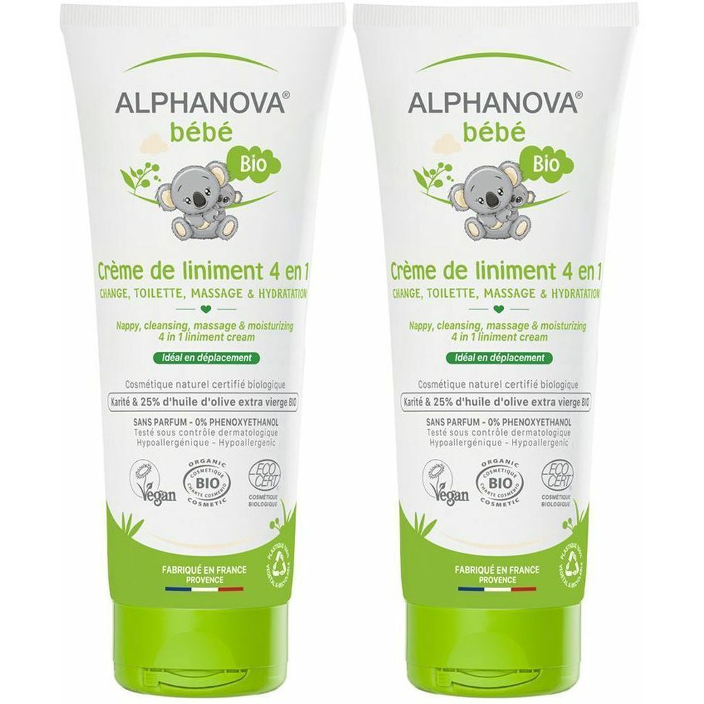 Twee tubes ALPHANOVA bébé crème. Opschrift: Crème de liniment 4 en 1. Met Bio-keurmerk en Vegan-logo. Groen-witte verpakking.