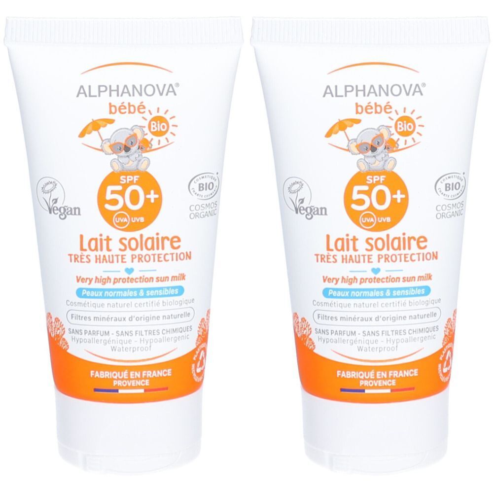 Twee tubes zonnebrandcrème voor baby's. Witte tubes met oranje accenten. Opschrift: ALPHANOVA bébé, SPF 50+, Lait solaire, Bio.