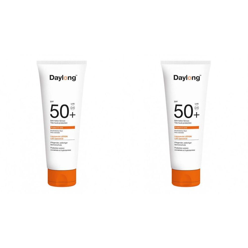Twee witte tubes met oranje onderkant. Opschrift: Daylong, SPF 50+.