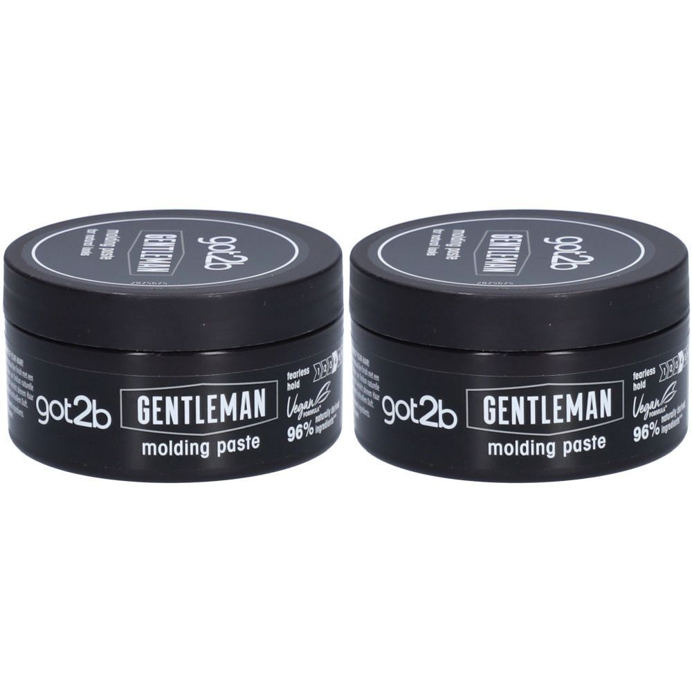 Twee zwarte potten GOT2B Gentleman Molding Paste. Opschrift: Gentleman, Vegan, 96% ingrediënten van natuurlijke oorsprong.