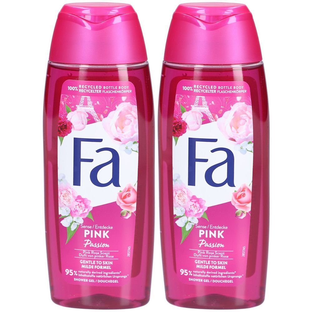 Deux flacons de gel douche Fa Pink Passion. Bouteilles roses avec étiquette blanche, motif floral et informations produit. 95% ingrédients d'origine naturelle.