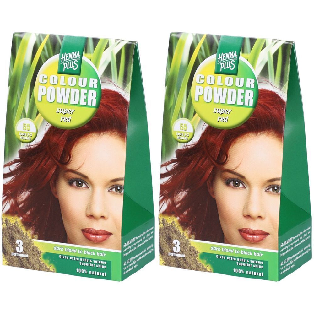 Twee verpakkingen Henna Plus Colour Powder Super Rouge. Groen-witte verpakking met vrouwenportret en productnaam.