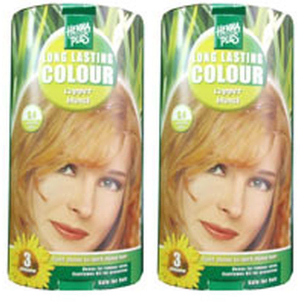 Deux boîtes de coloration capillaire. Le logo Hennaplus et l'inscription "Long Lasting Colour" sont visibles sur chaque boîte. Un portrait de femme est représenté.