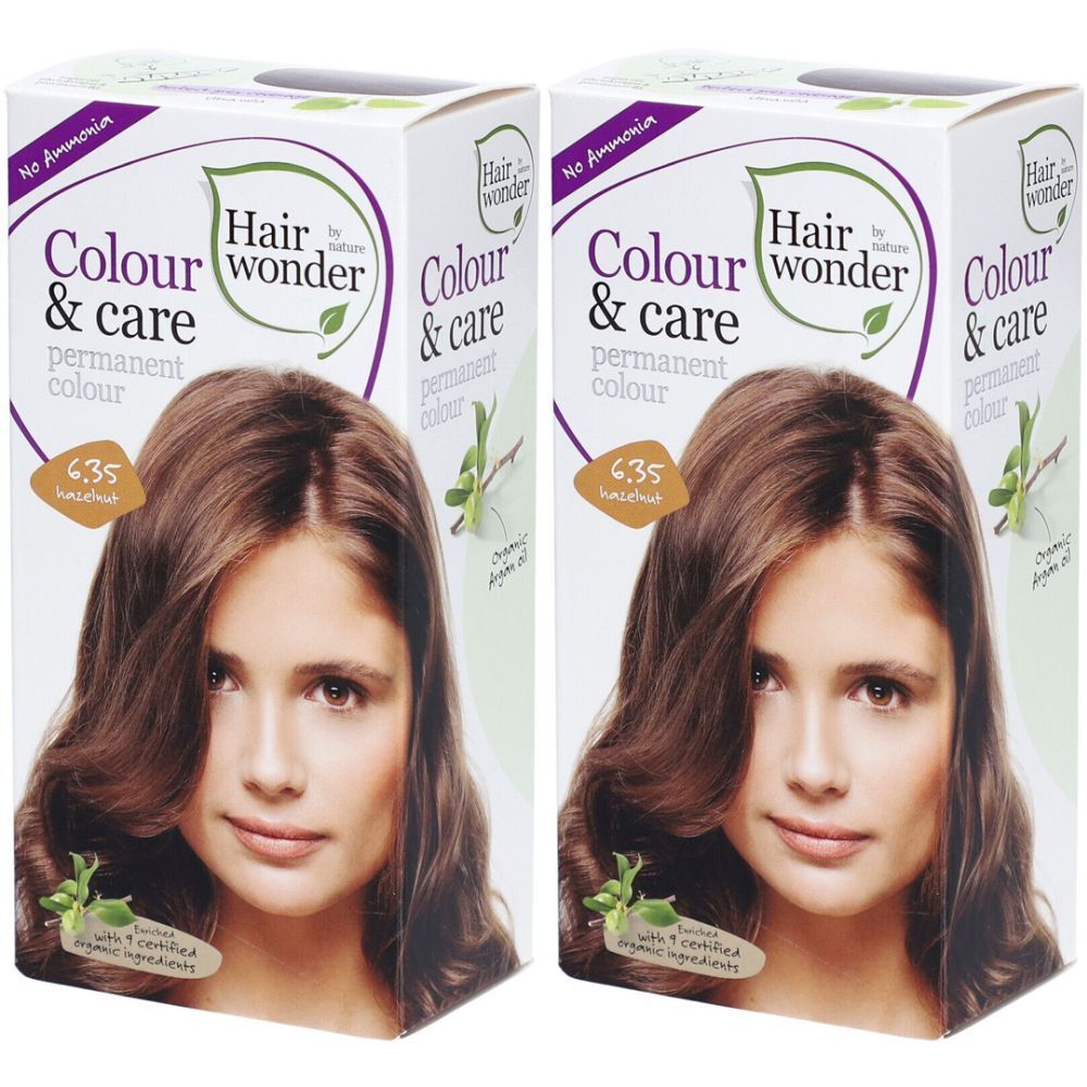 Deux boîtes de coloration capillaire. Inscription : Colour & Care, 6.35 Noisette. Une femme aux cheveux bruns est représentée.