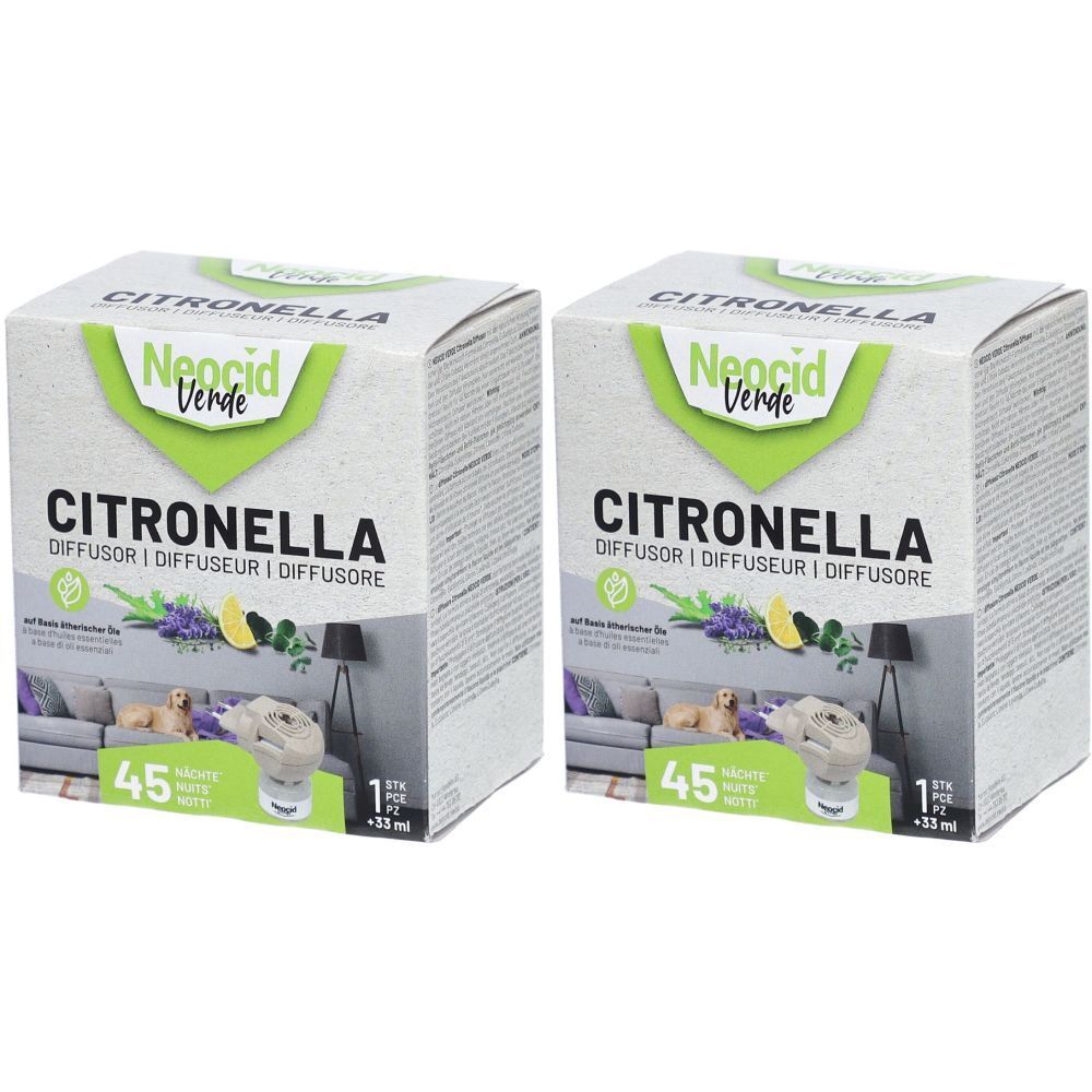 Deux boîtes carrées avec l'inscription "CITRONELLA" et le logo "Neocid Verde".