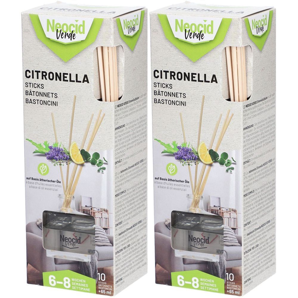 Deux boîtes de bâtonnets Neocid Verde Citronella. Inscription : Citronella, Sticks, Bâtonnets, Bastoncini. Bâtonnets en bois et flacon.