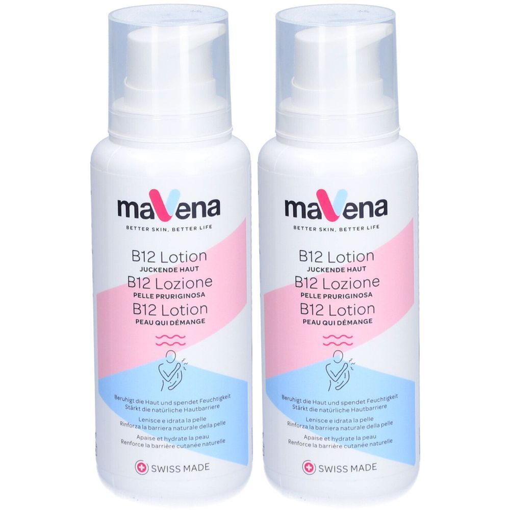 Twee witte flessen met pomp. Opschrift: mavena, B12 Lotion, Jeukende Huid, B12 Lozione, Pelle Pruriginosa, B12 Lotion, Peau qui Demange. Swiss Made.